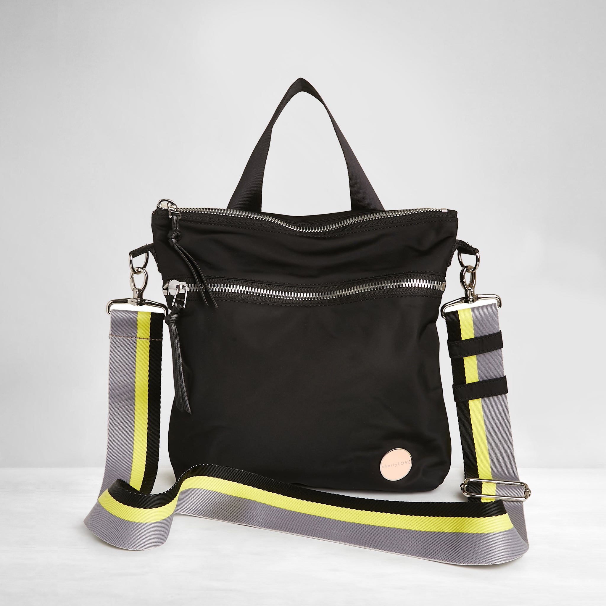 shortyLOVE boardwalk strap in ash/yellow/black; shown with amuse bag in black.