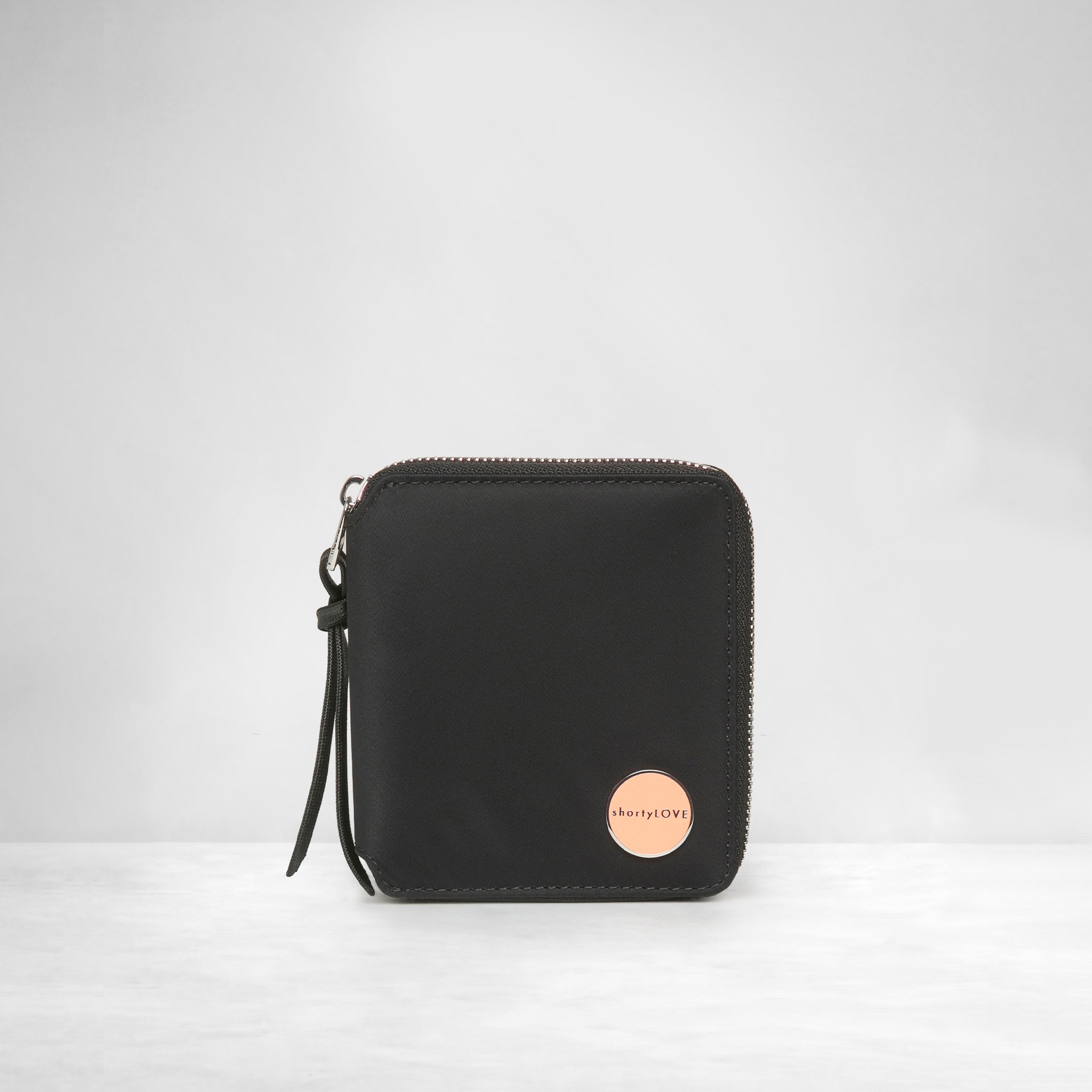shortyLOVE merchant small wallet in black; front view against white background