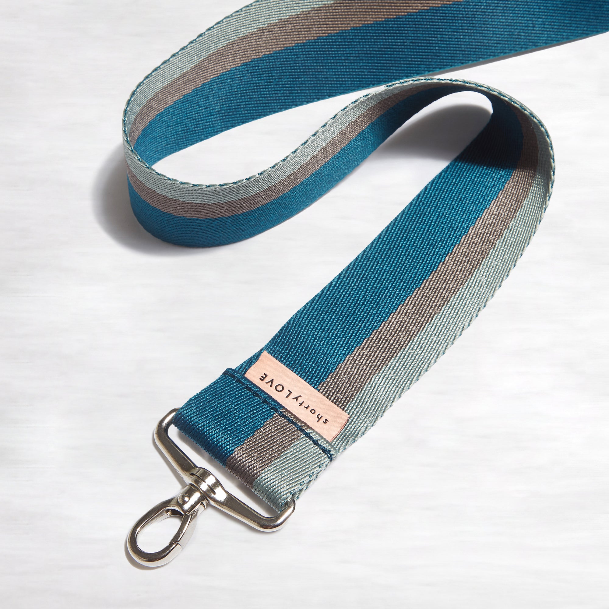 shortyLOVE boardwalk strap in slate/teal/mocha; front view against white background