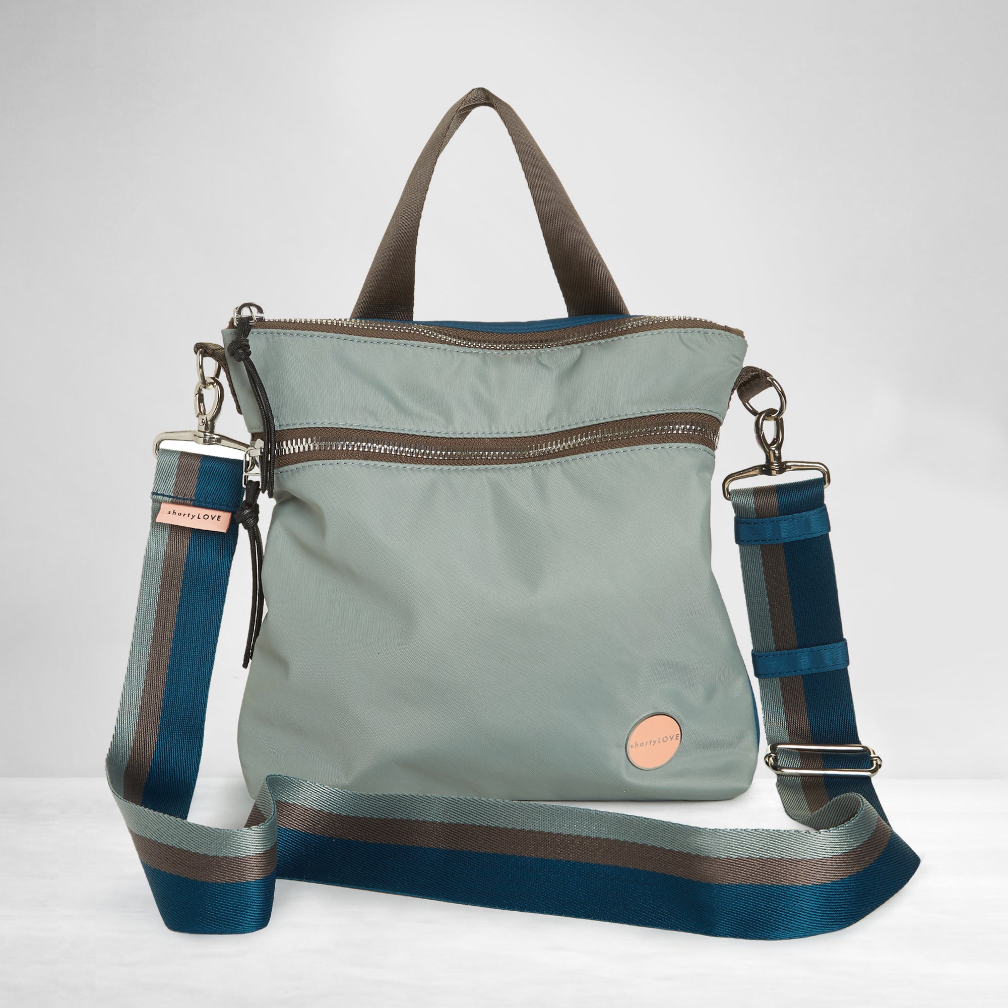 shortyLOVE boardwalk strap in slate/teal/mocha; shown with amuse bag in slate/teal.