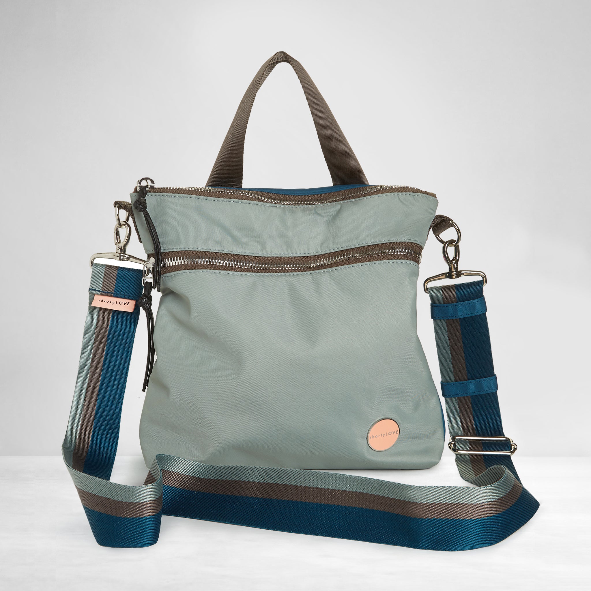 shortyLOVE boardwalk strap in slate/teal/mocha; shown with amuse bag in slate/teal.