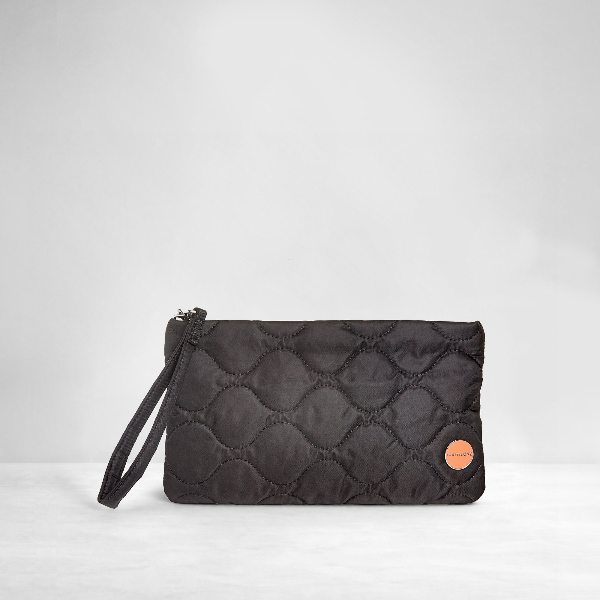 shortyLOVE cleo wristlet clutch in black; front view against white background.