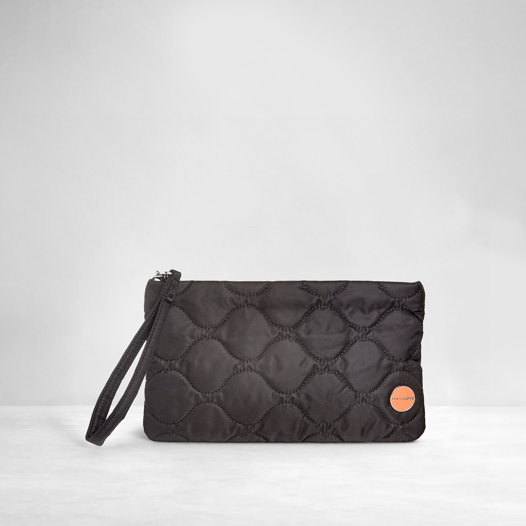 shortyLOVE cleo wristlet clutch in black; front view against white background.
