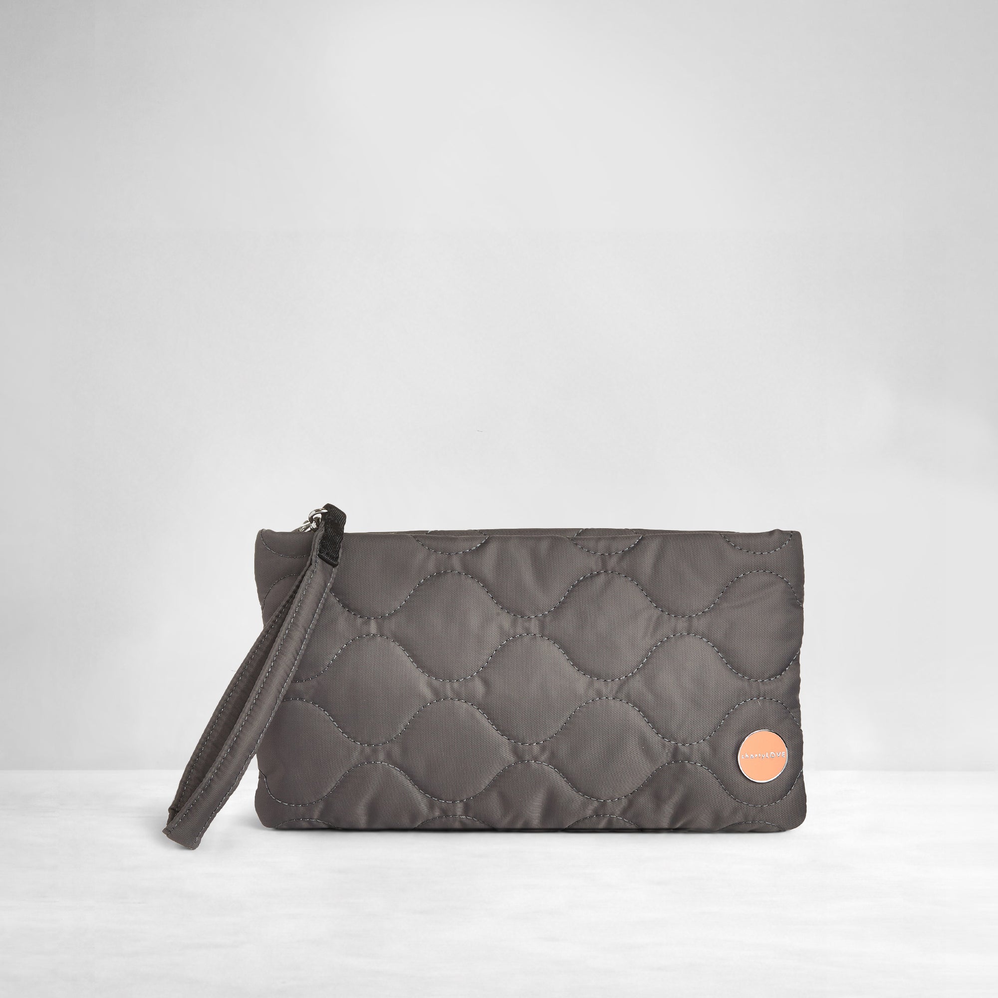 shortyLOVE cleo wristlet clutch in pewter; front view against white background.