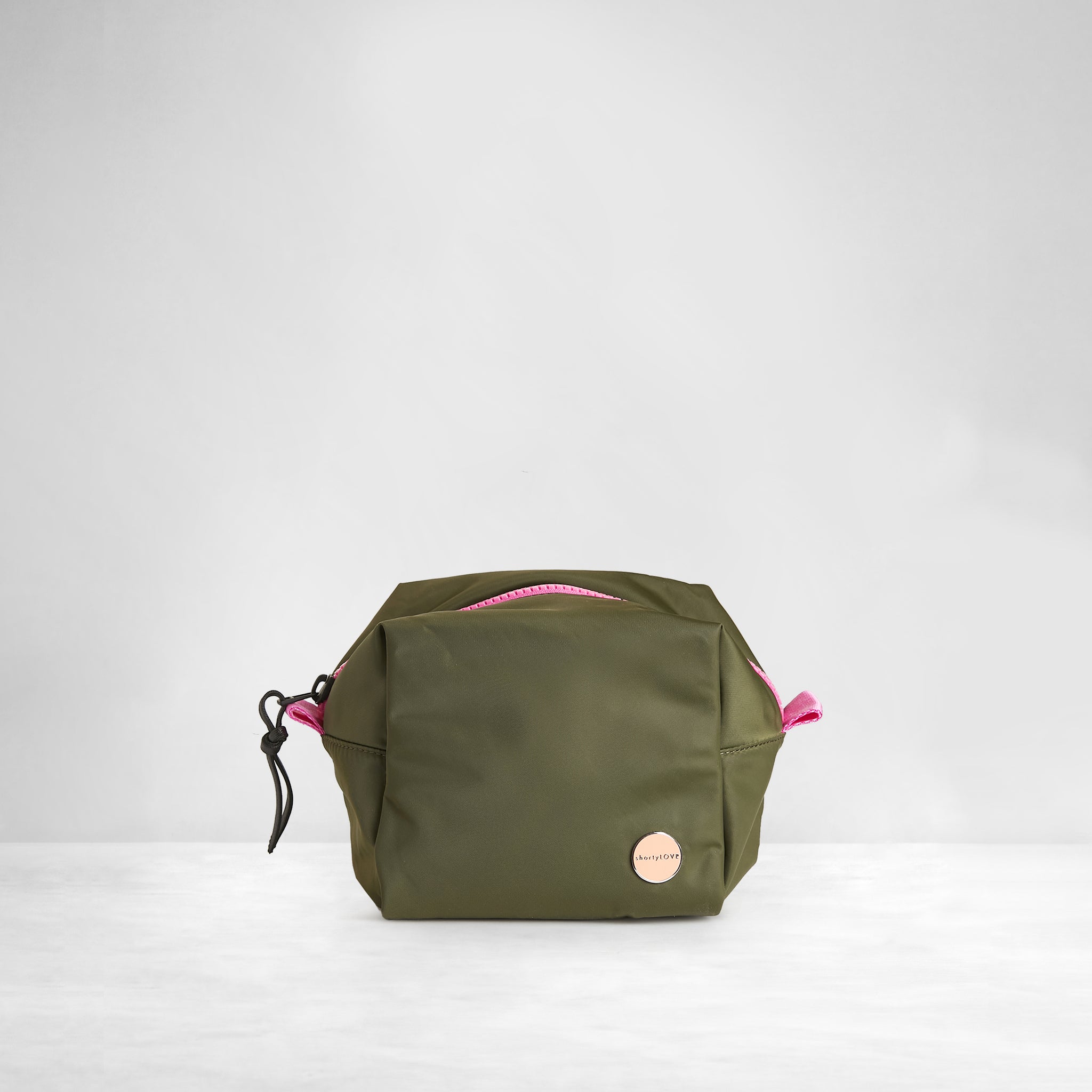 shortyLOVE stevie cosmetic bag in army green; front view against white background.