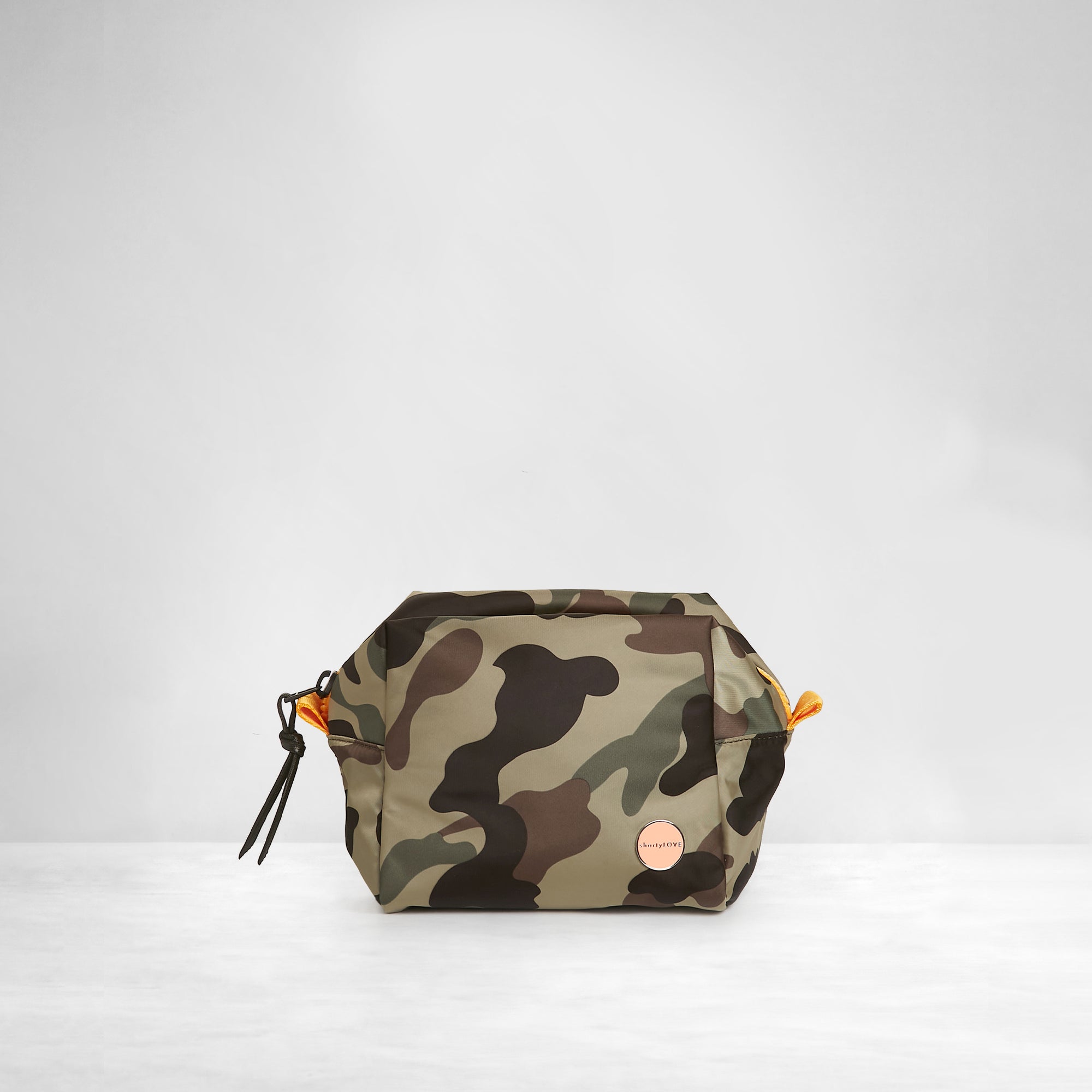 shortyLOVE stevie cosmetic bag in green camo; front view against white background.