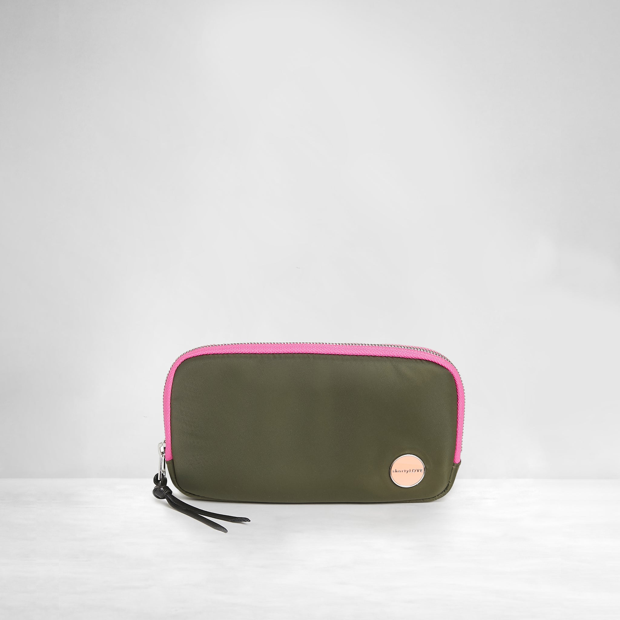 shortyLOVE jetty clutch/wallet in army green; front view against white background.
