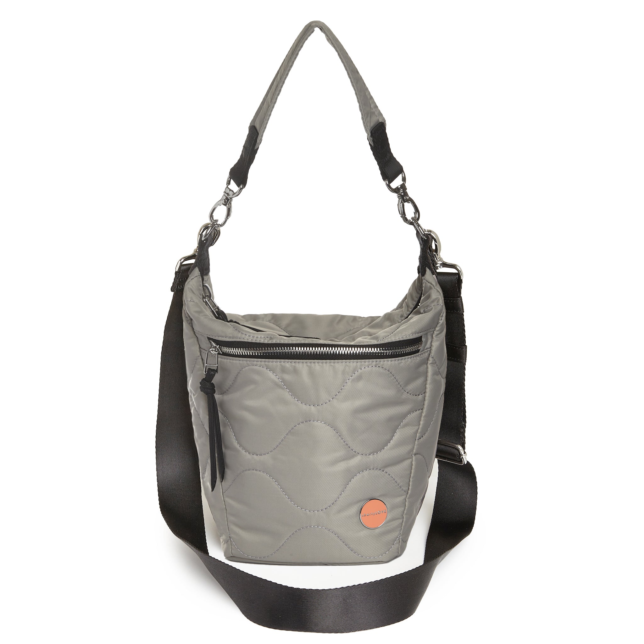 shortyLOVE marcel crossbody bucket bag in milky grey; front view against white background.