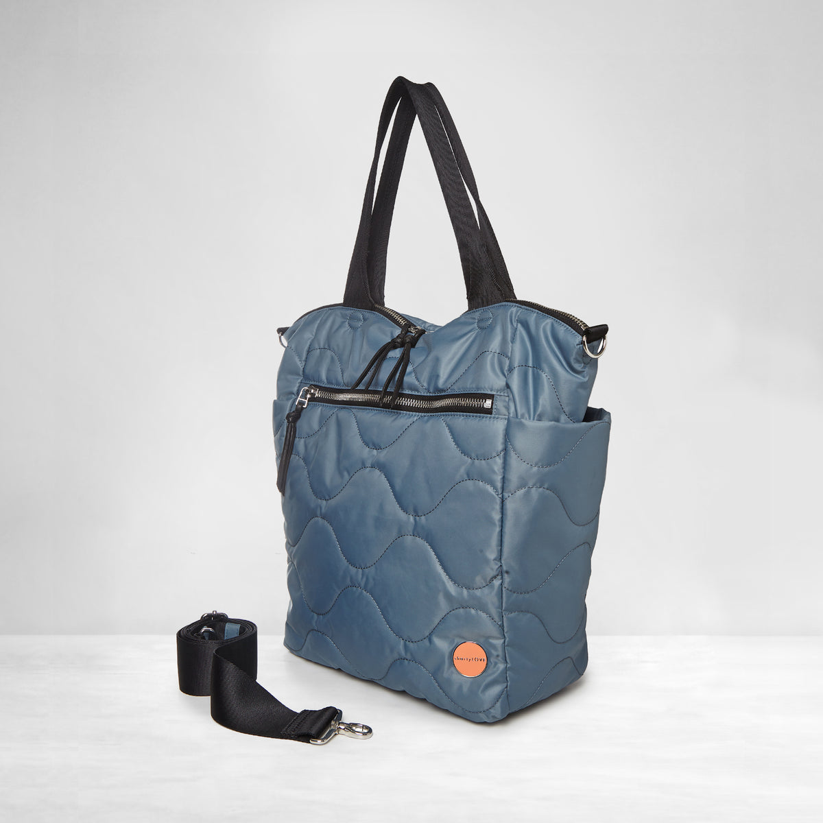 shortyLOVE ranger large tote bag in steel blue; side view against white background.