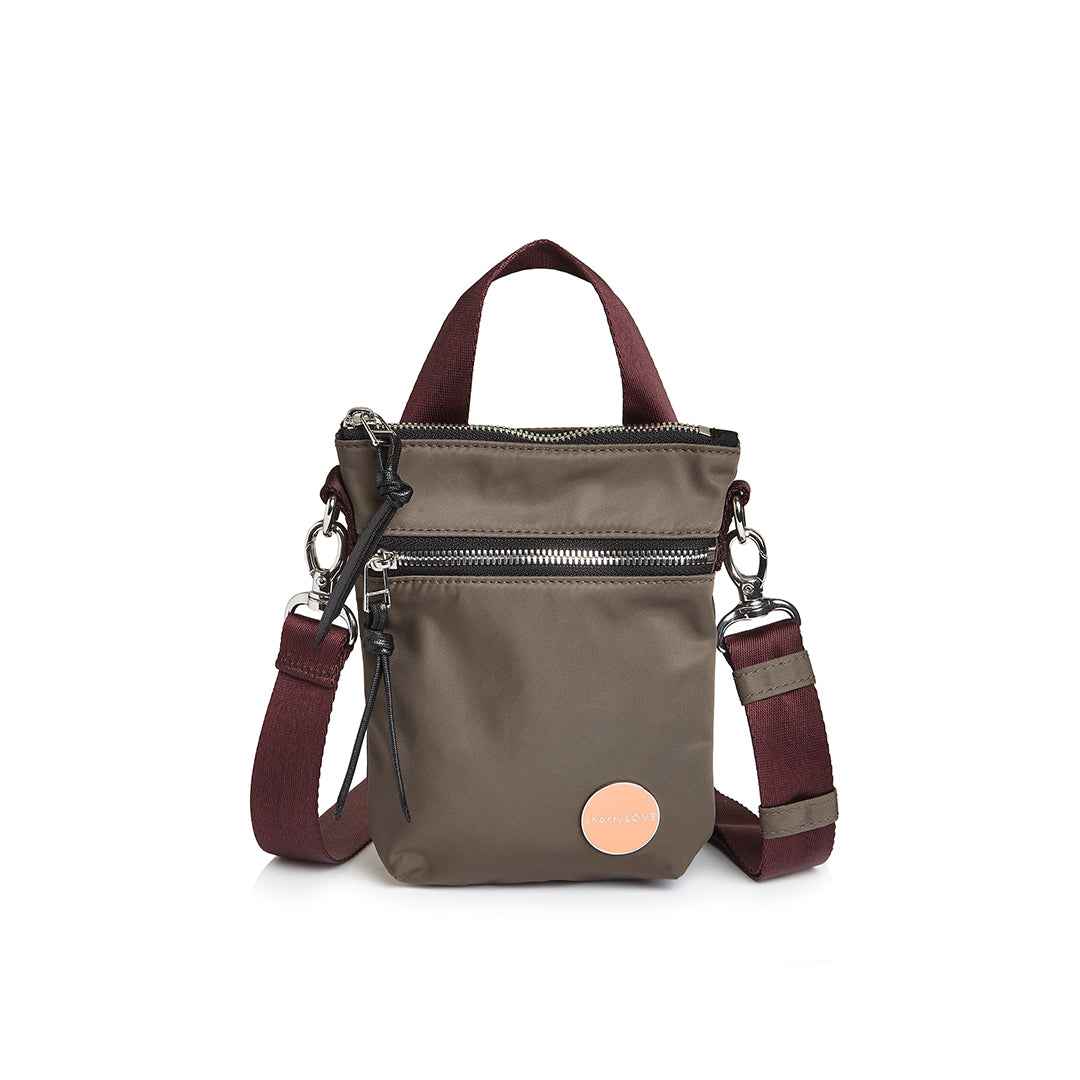 shortyLOVE shorthand small crossbody bag in mocha; front view against white background.