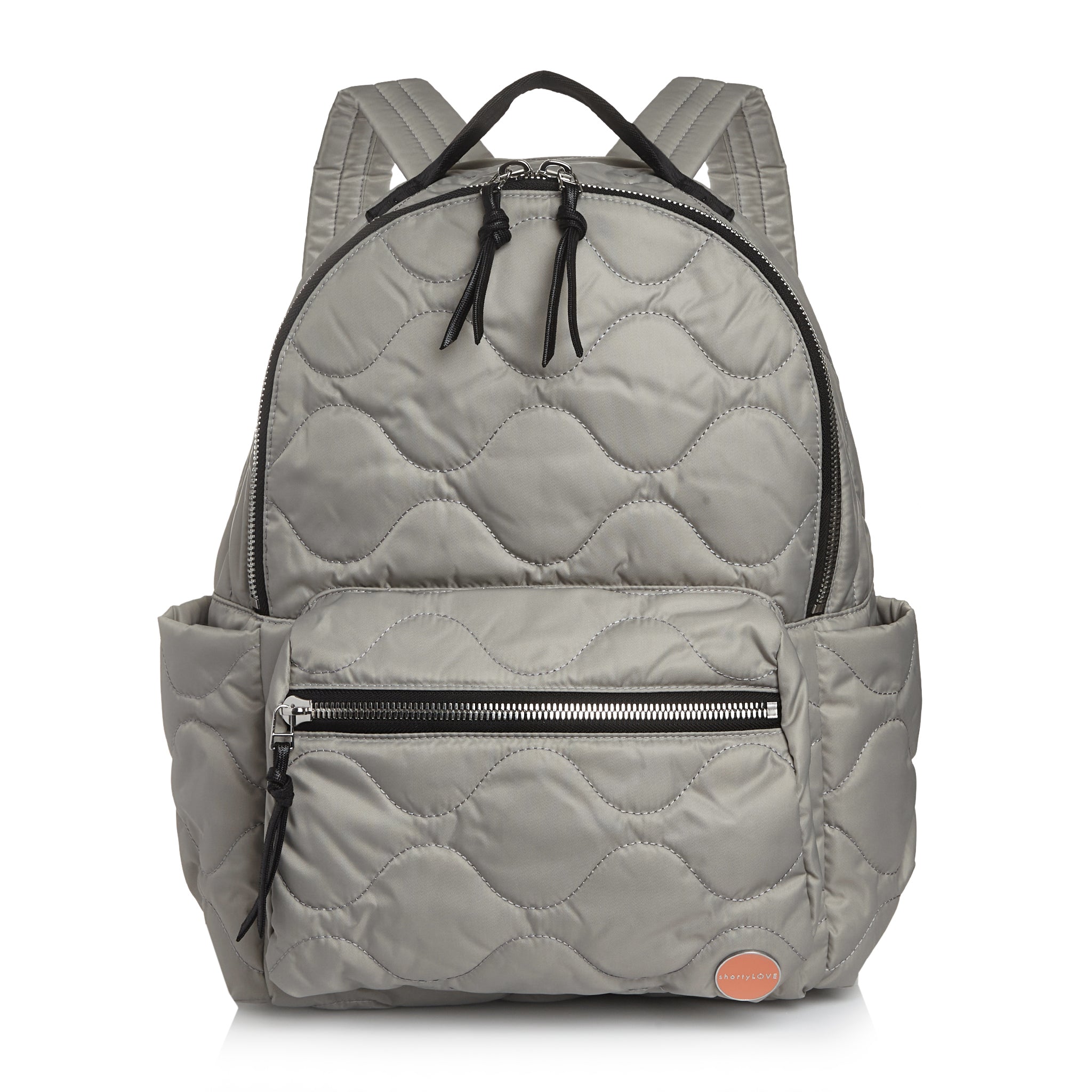 shortyLOVE tate backpack in milky grey; front view against white background.