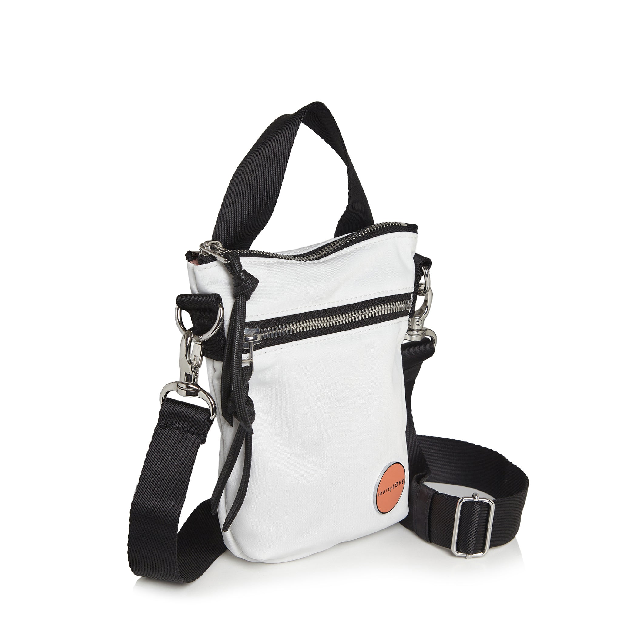 shortyLOVE shorthand crossbody phone bag in white; side angle view against white background