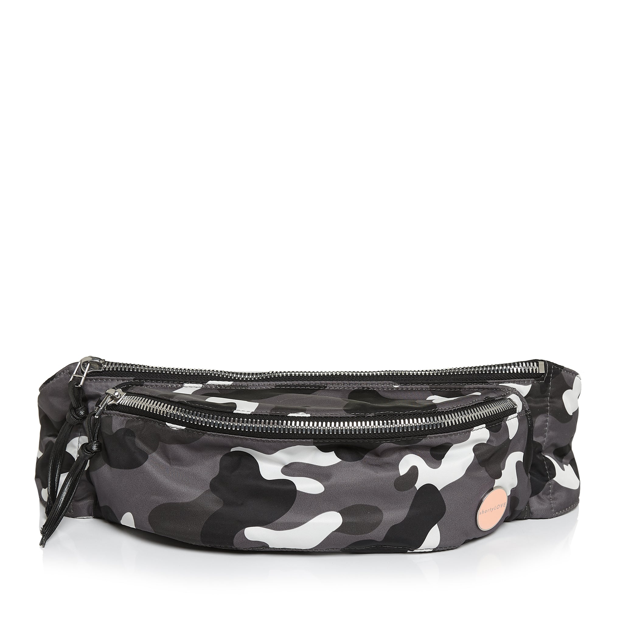 shortyLOVE arcade belt bag in grey camo; front view against white background.