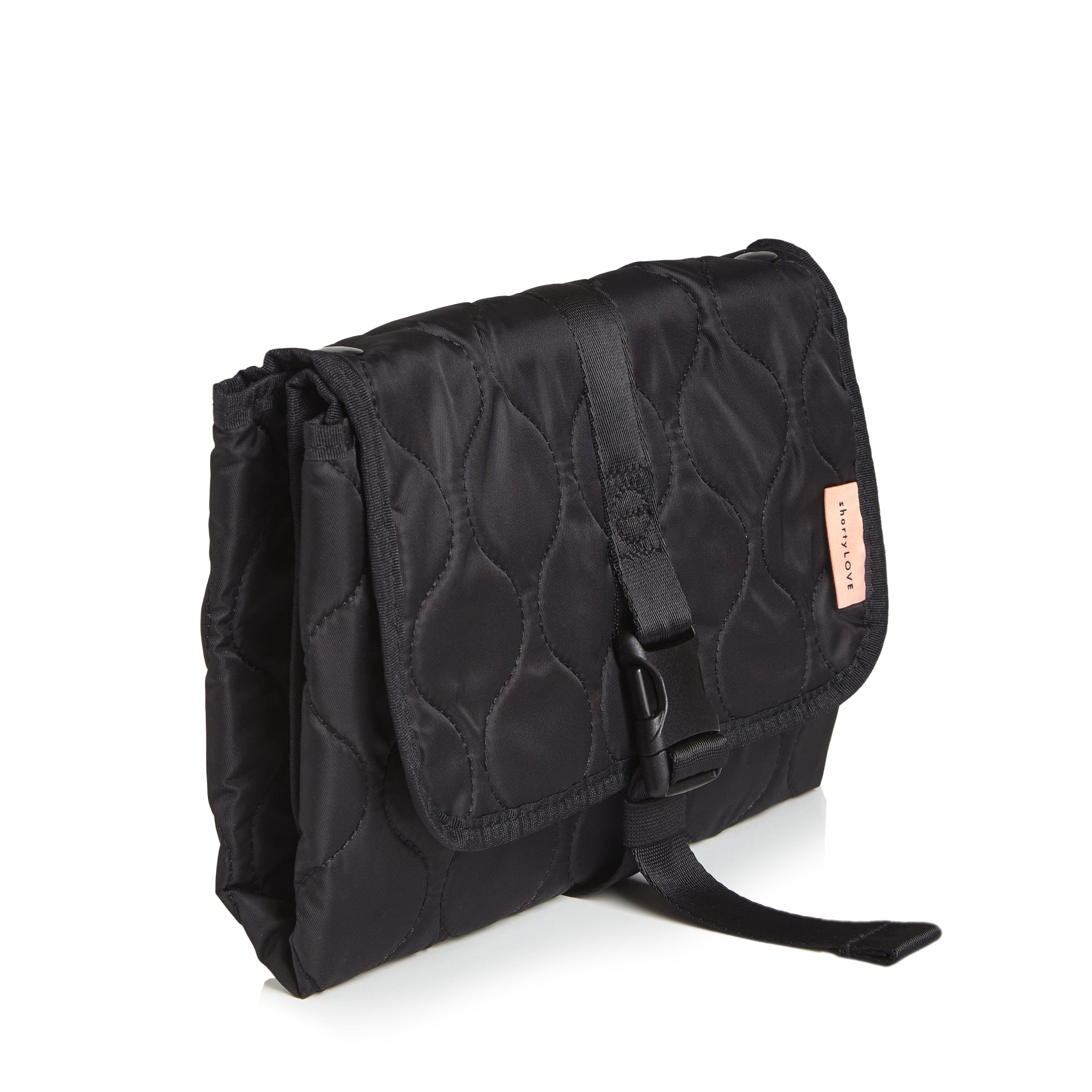 Black quilted diaper changing mat folded and closed - side view on a white background