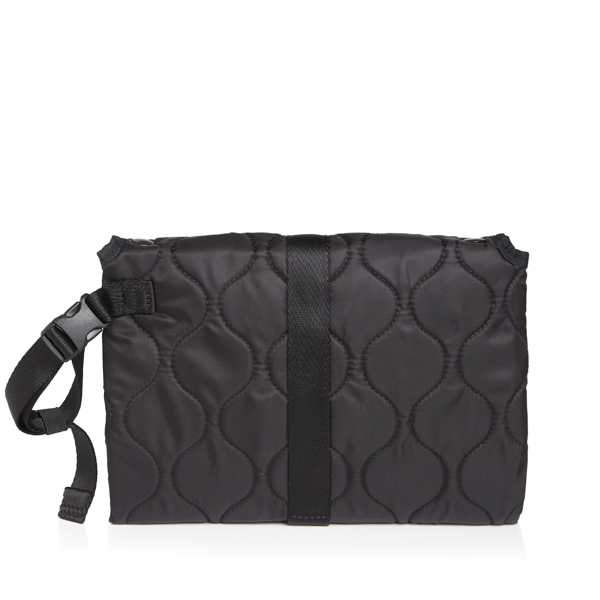 Black quilted diaper changing mat folded and closed - back view on a white background