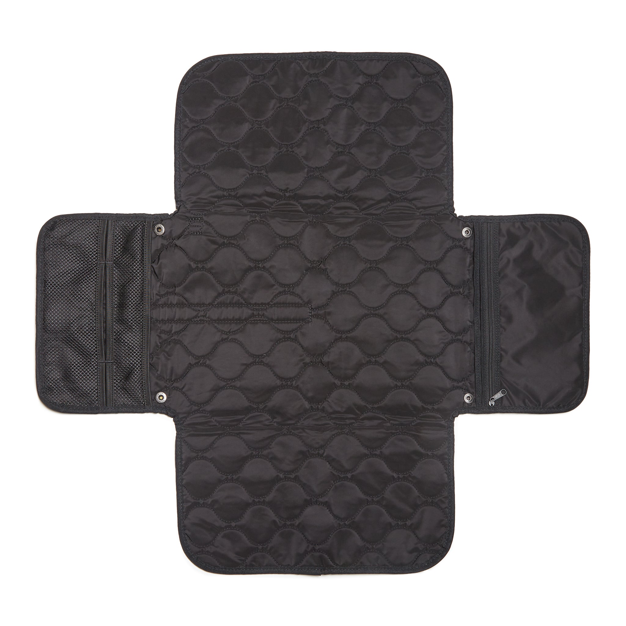 Black quilted diaper changing mat with multiple compartments on a white background