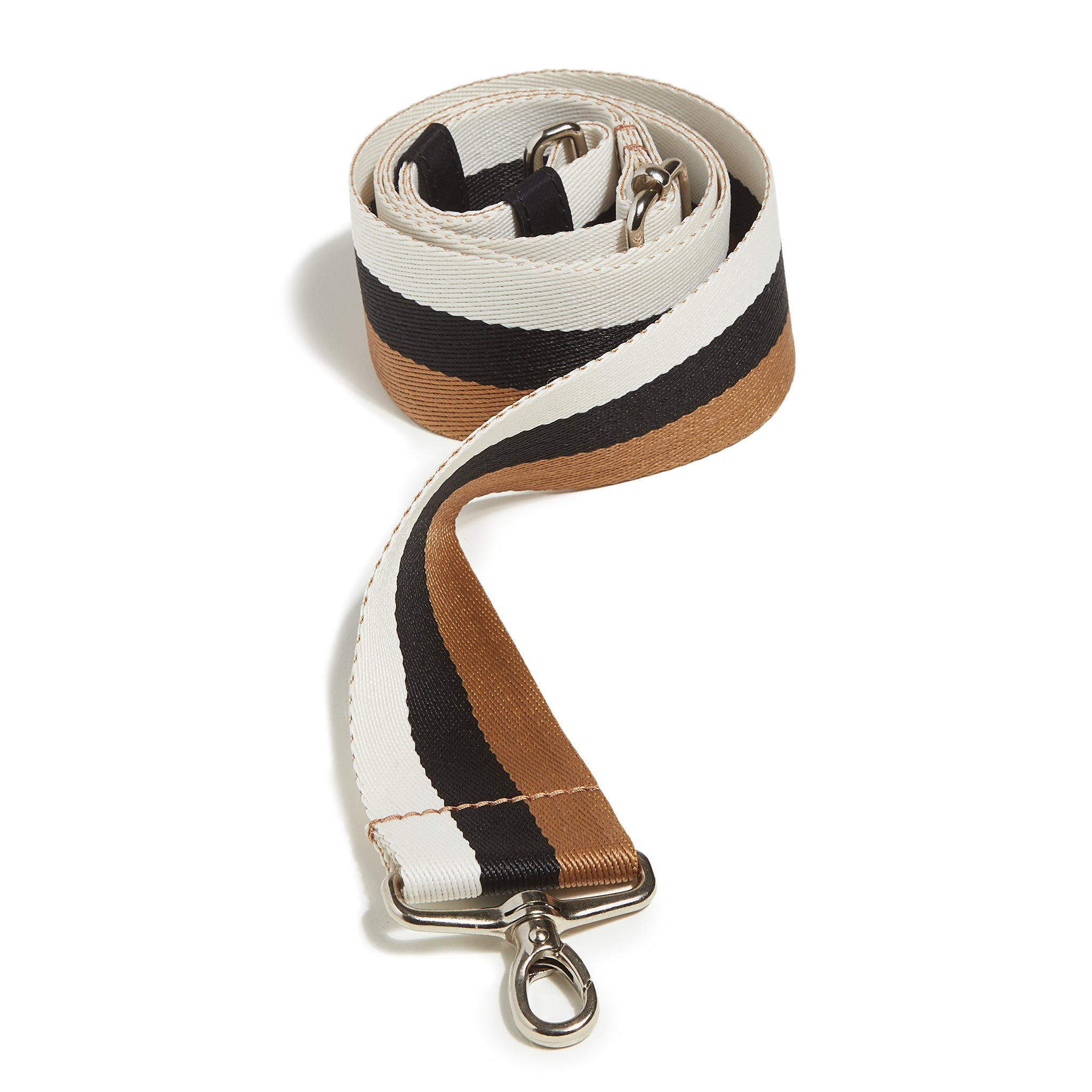 shortyLOVE boardwalk strap in brown/black/almond; front view rolled against white background.
