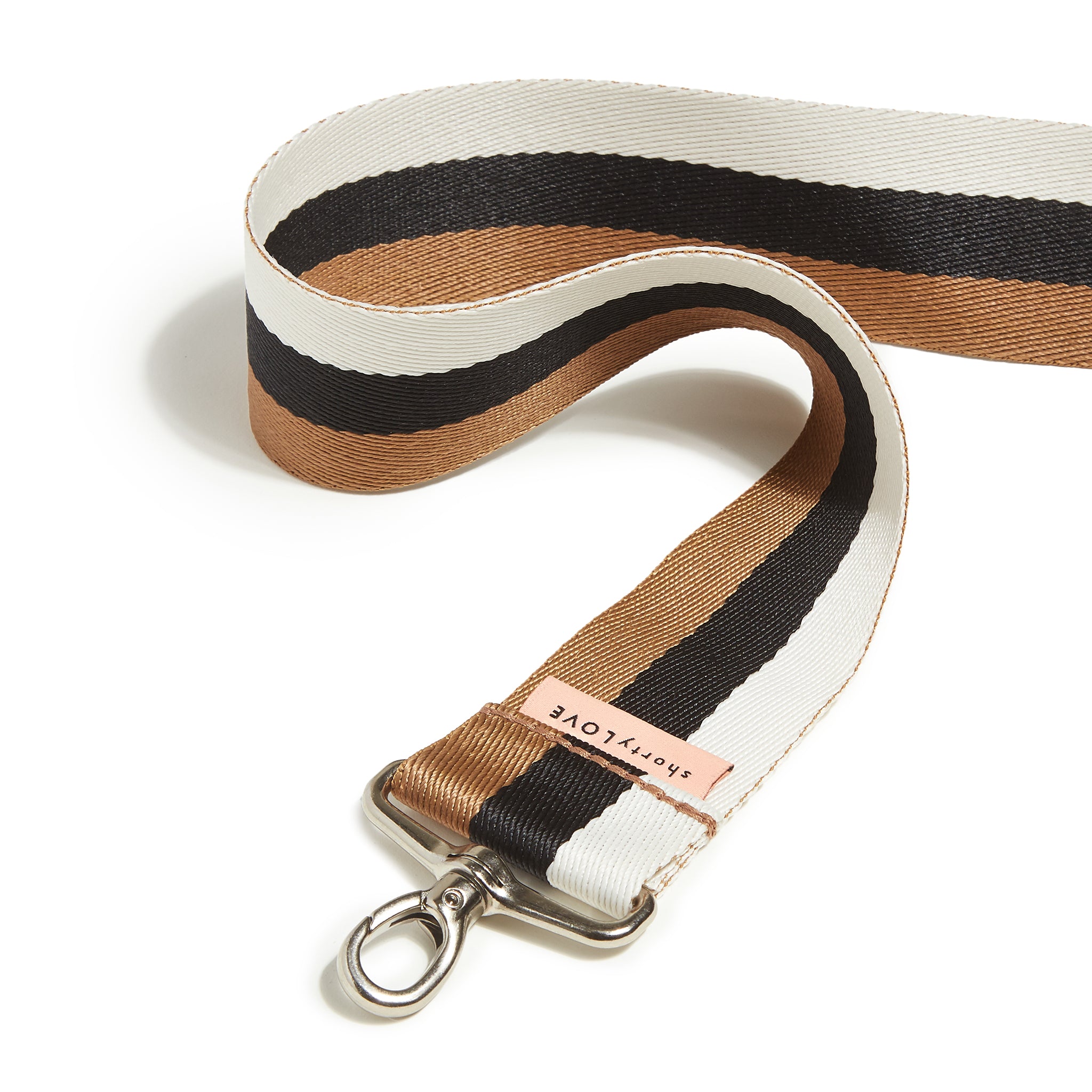 shortyLOVE boardwalk strap in brown/black/almond; top view open against white background.