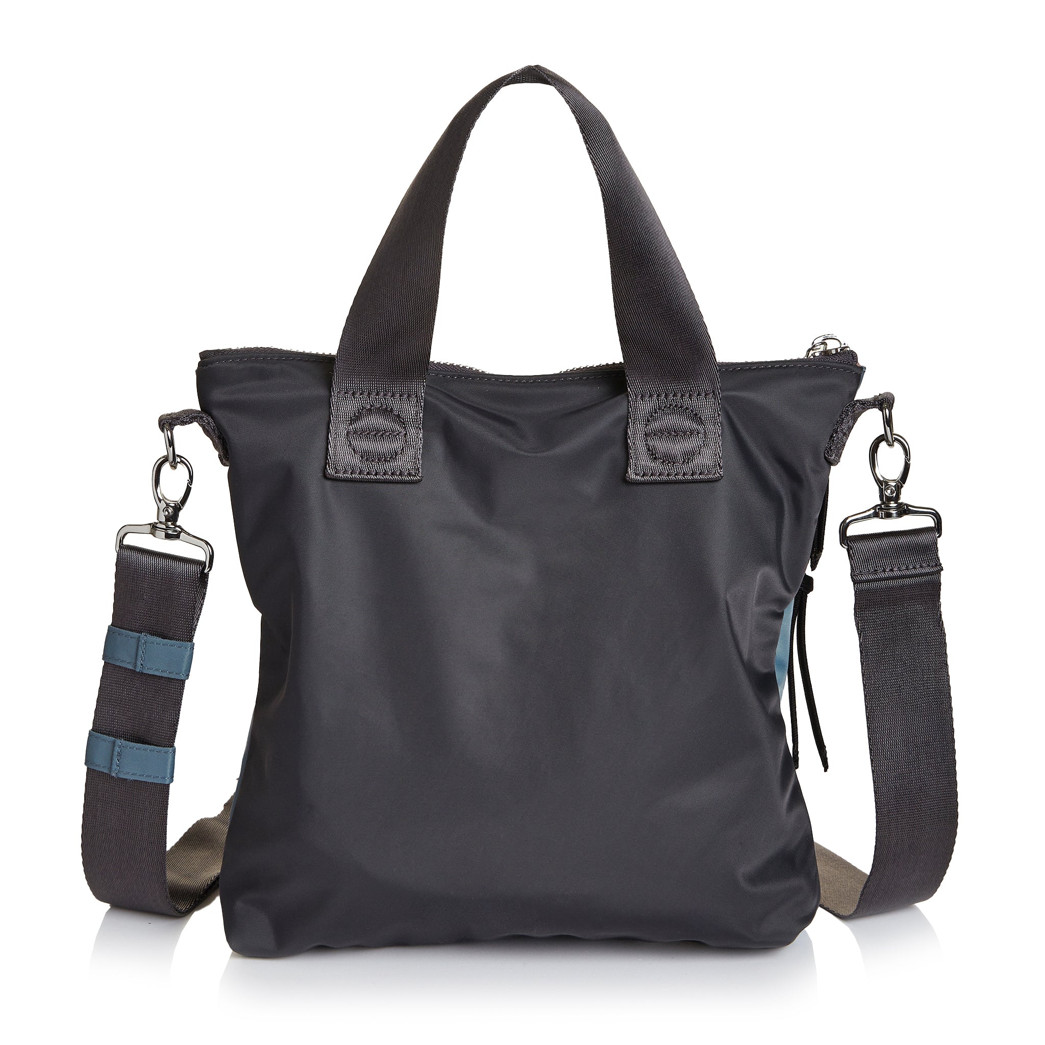 shortyLOVE amuse medium sized crossbody bag in steel blue/charcoal; back view against white background.