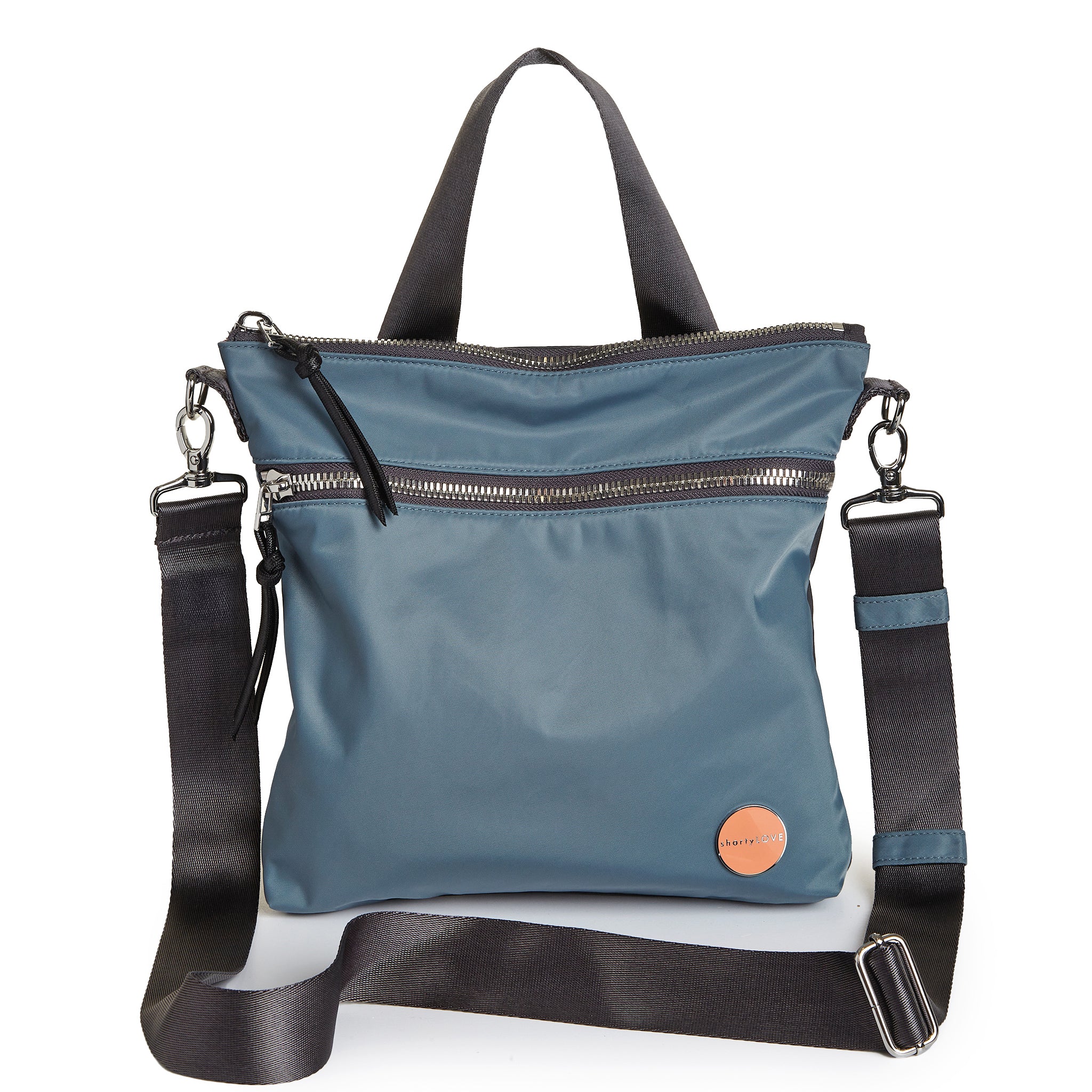 shortyLOVE amuse medium sized crossbody bag in steel blue/charcoal; front view against white background.