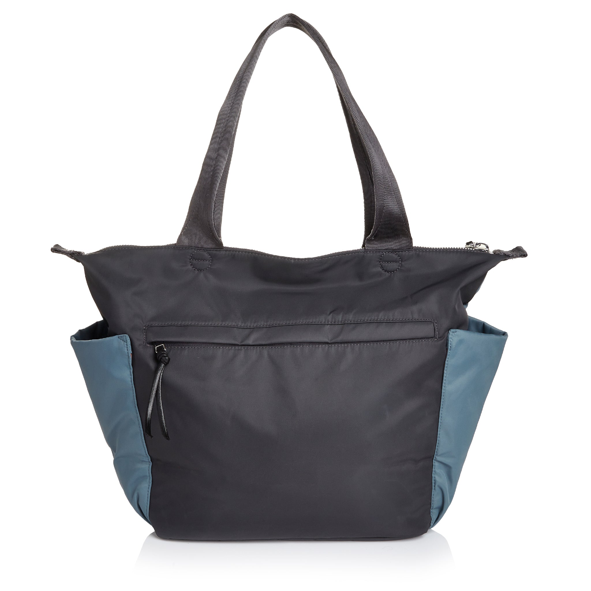 shortyLOVE tillie tote bag in steel blue/charcoal; back view against white background.