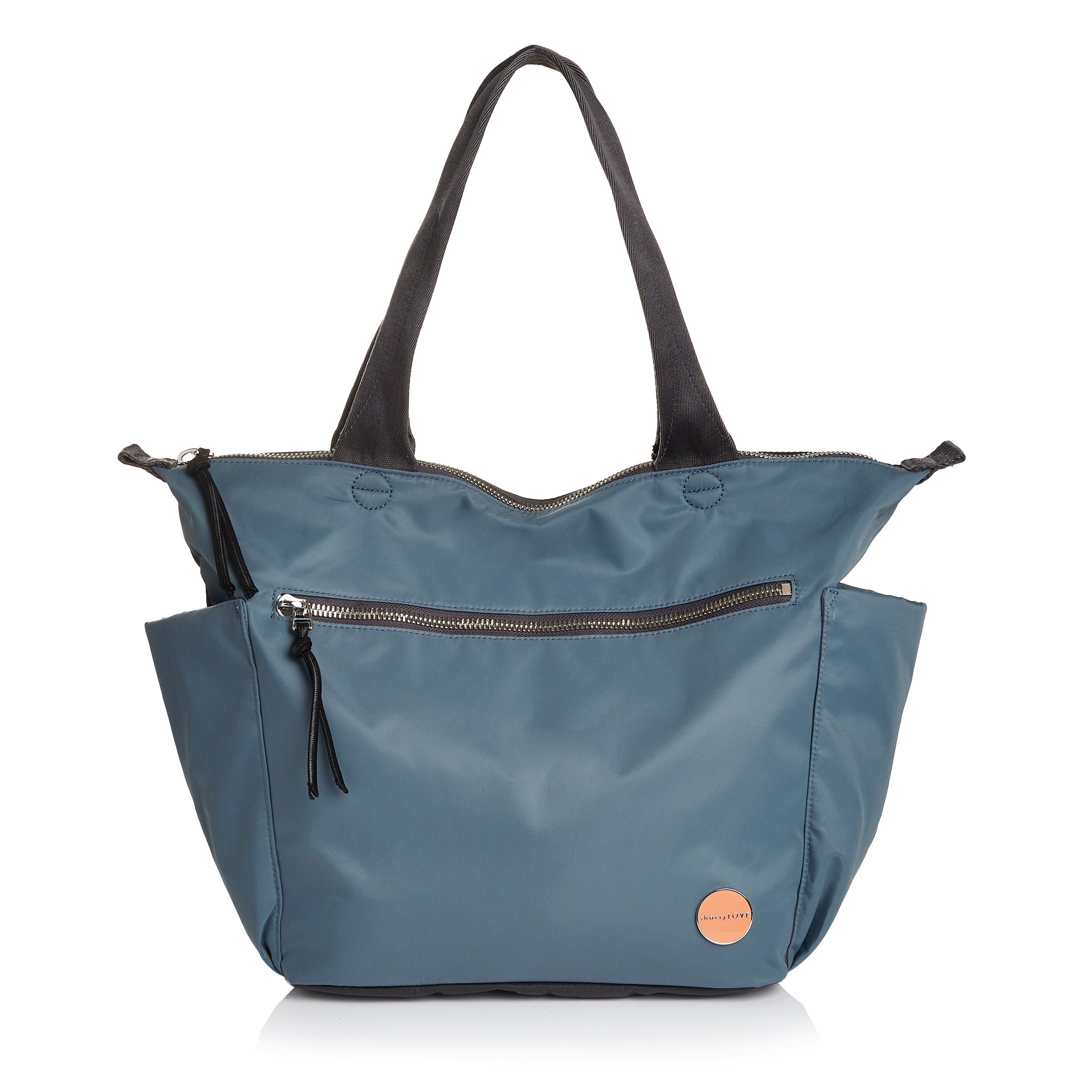 shortyLOVE tillie tote bag in steel blue/charcoal; front view against white background.