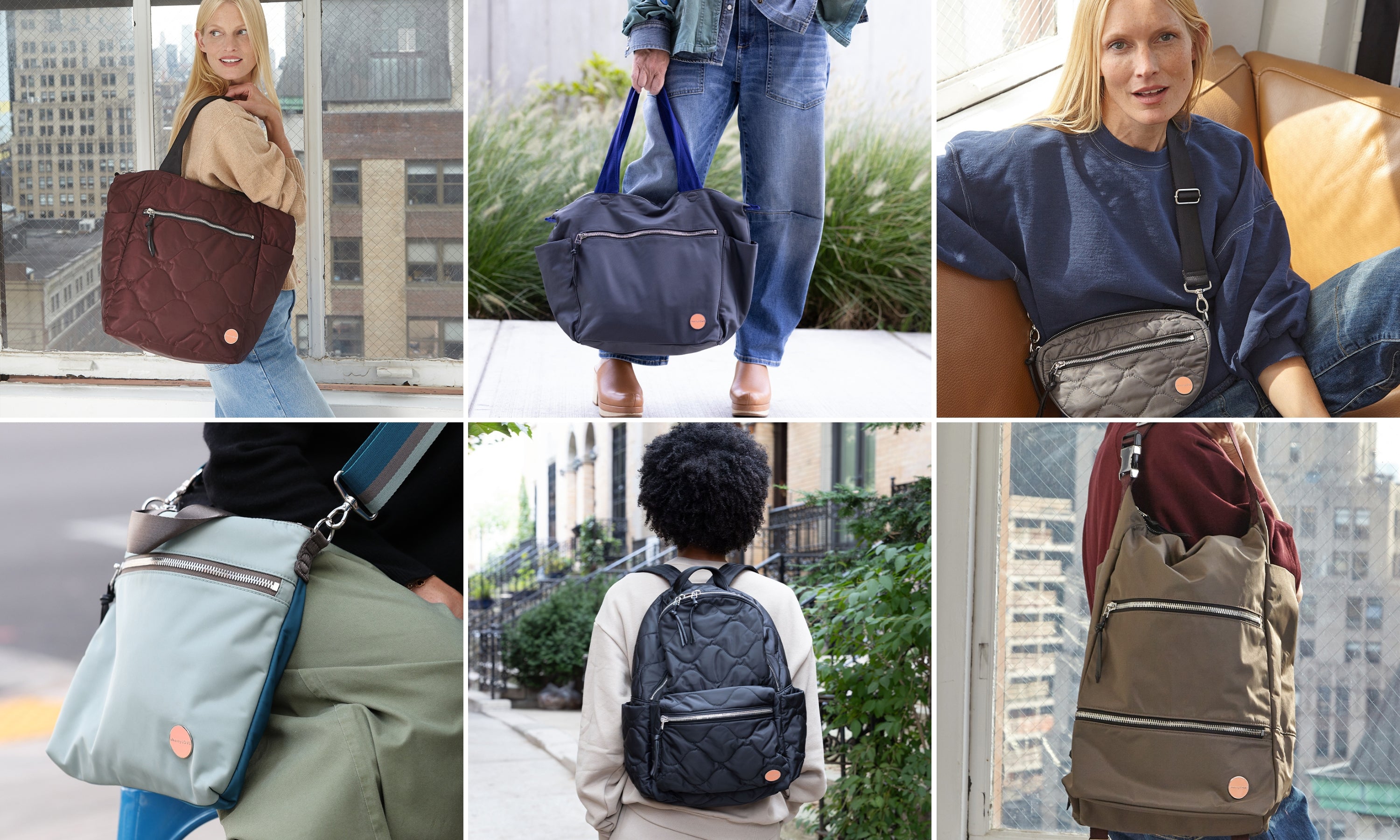 Collage of people carrying or wearing different shortyLOVE backpacks, totes, or crossbodies in various settings
