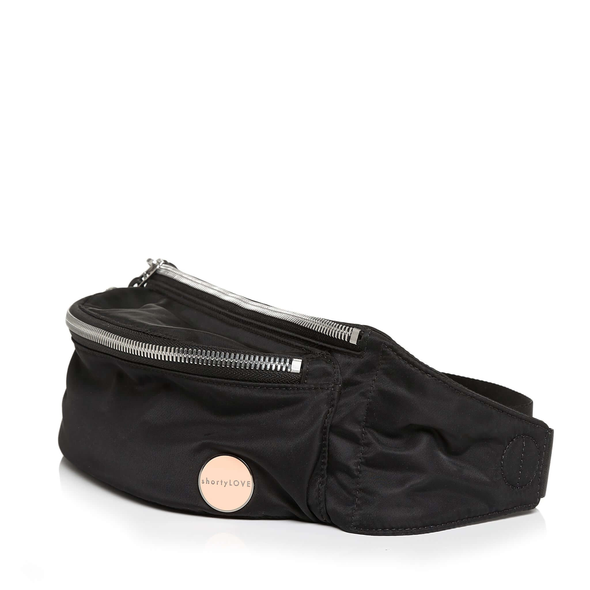 shortyLOVE arcade belt bag in black; side angle view against white background.