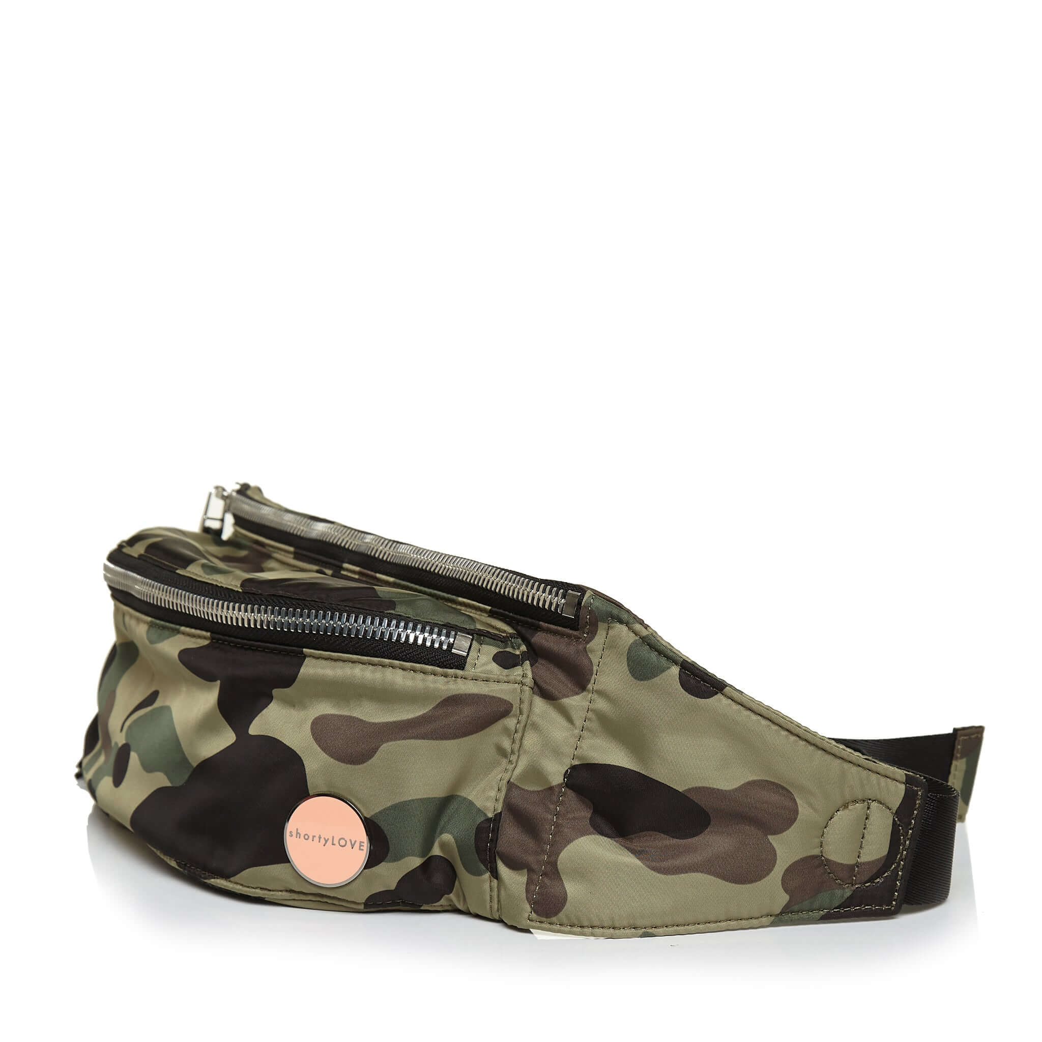 shortyLOVE arcade belt bag in green camo; side angle view against white background.