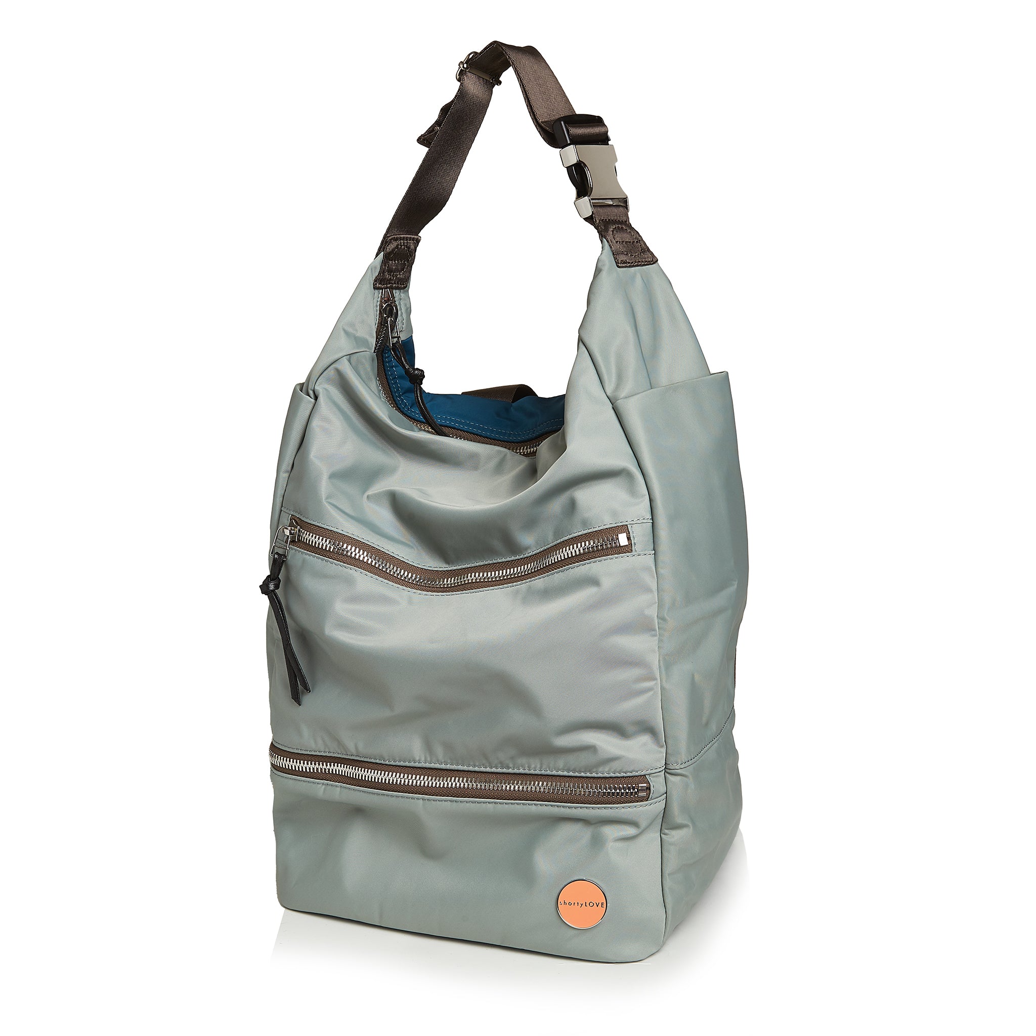 shortyLOVE boxer backpack in slate/teal; side angle view against white background.