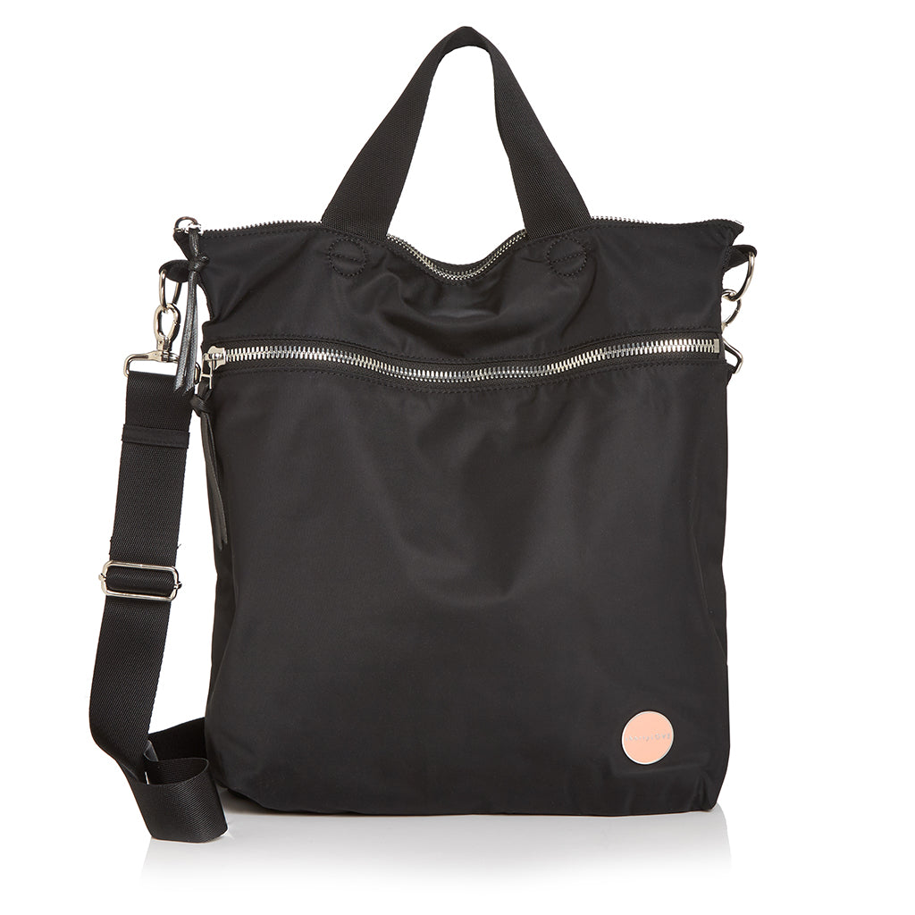 shortyLOVE large women’s designer crossbody/messenger handbag in black; front view against white background