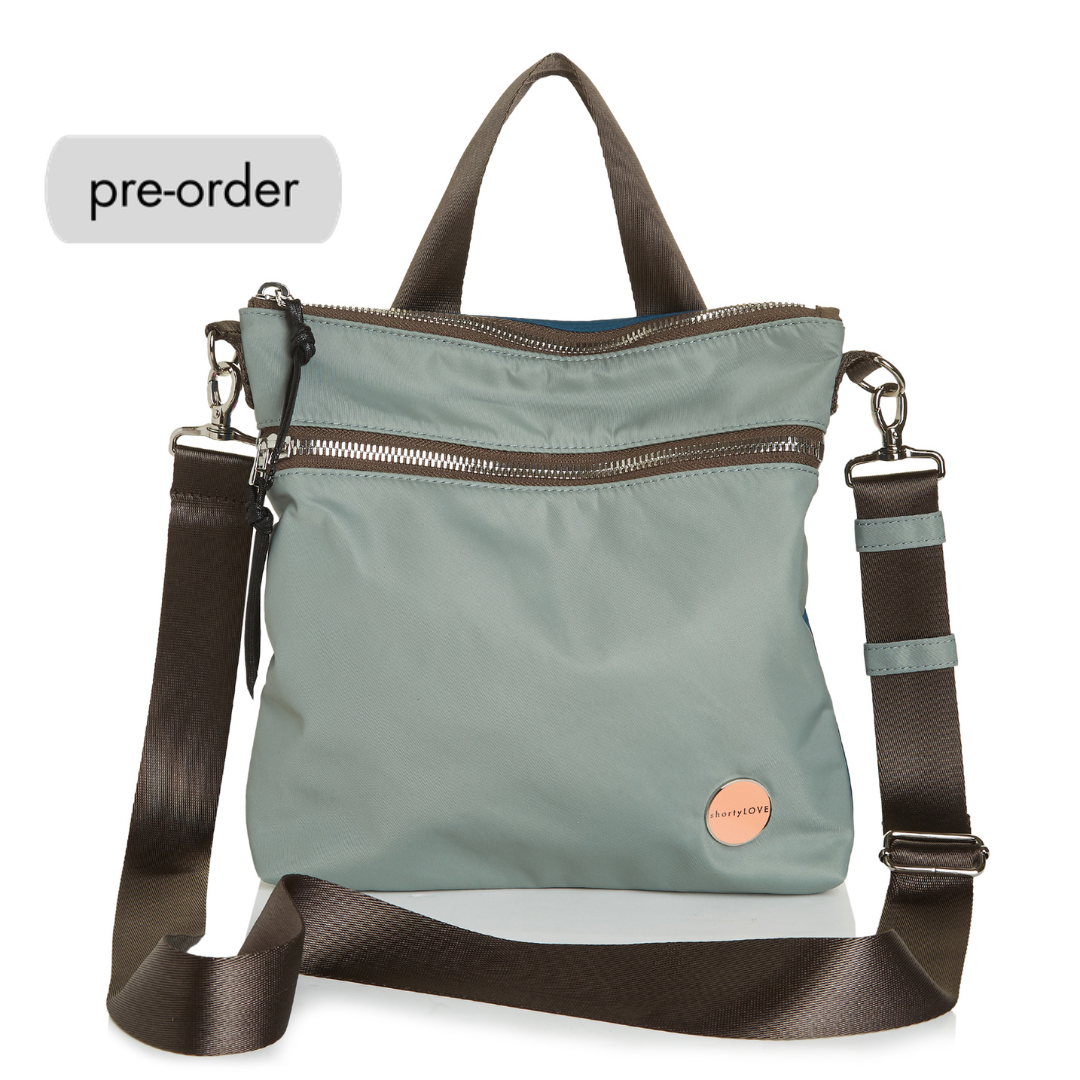 shortyLOVE amuse medium sized crossbody bag in slate/teal; front view against white background.