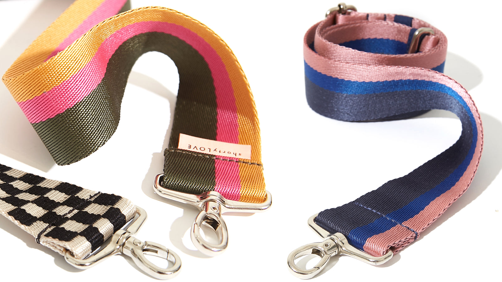three colorful shortyLOVE boardwalk designer crossbody bag straps