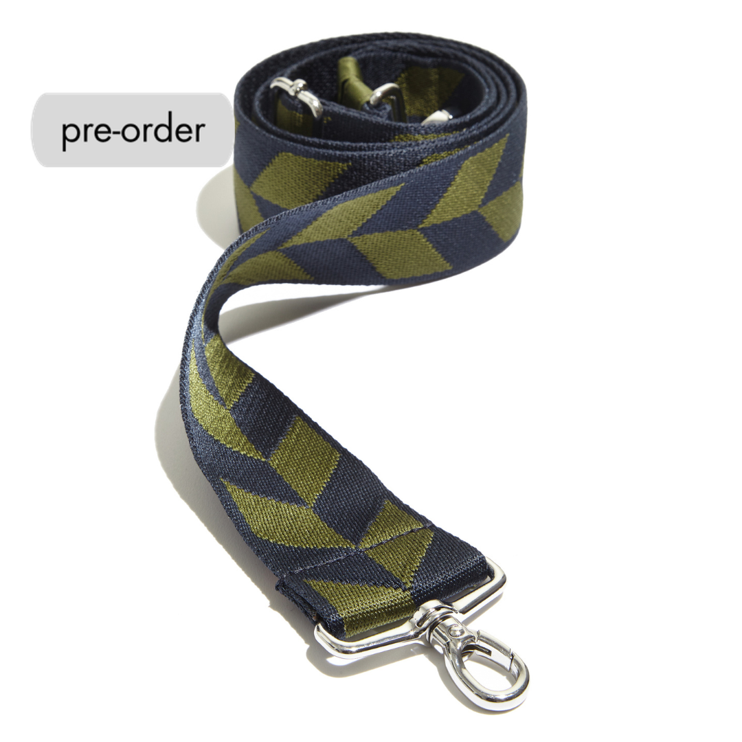 shortyLOVE boardwalk strap in arrow design in midnight/sage; top view front view rolled against white background.