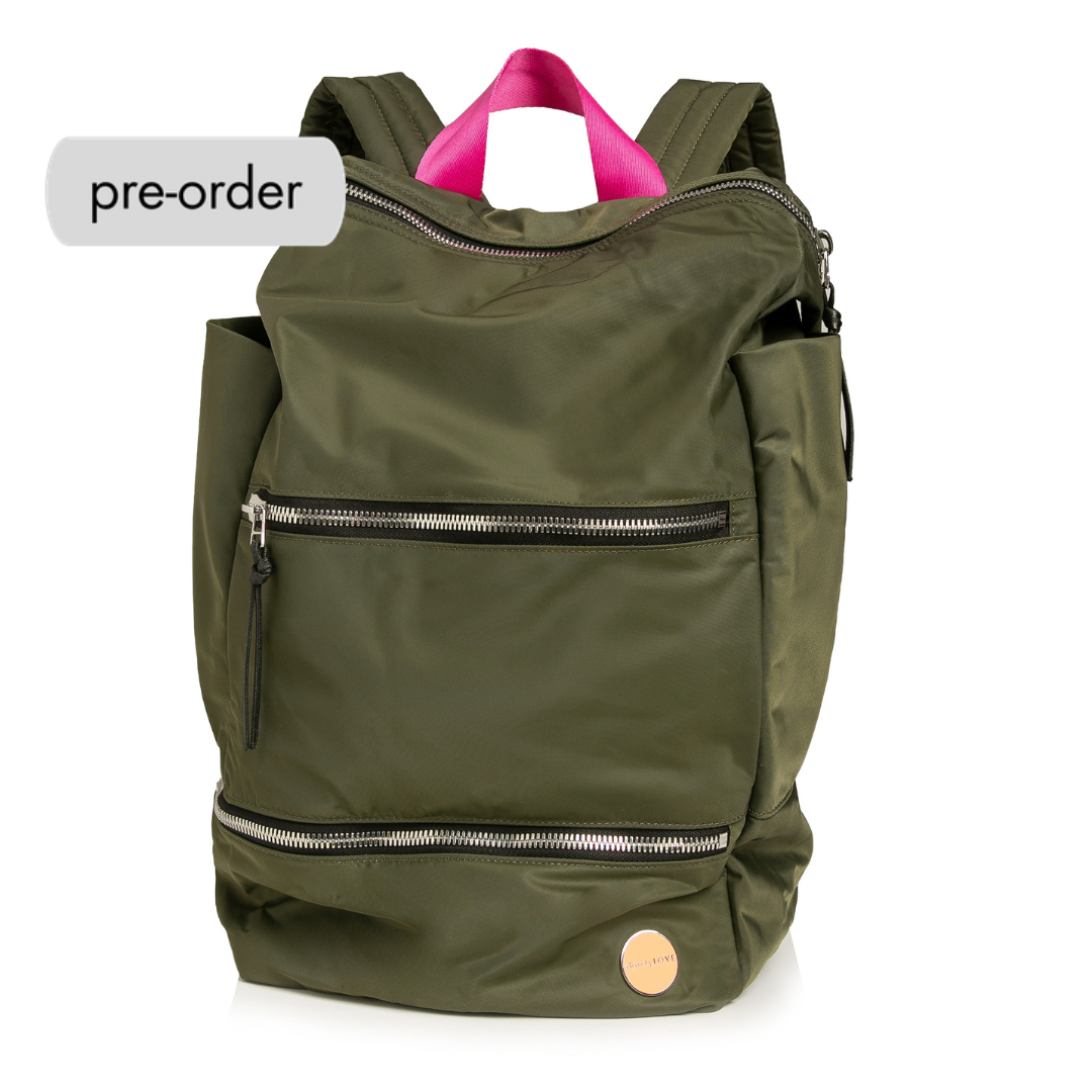 shortyLOVE boxer backpack bag in army green; front view against white background.