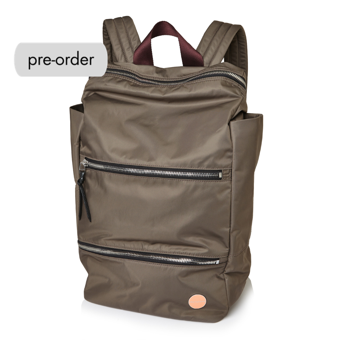shortyLOVE boxer backpack in mocha; front view against white background.