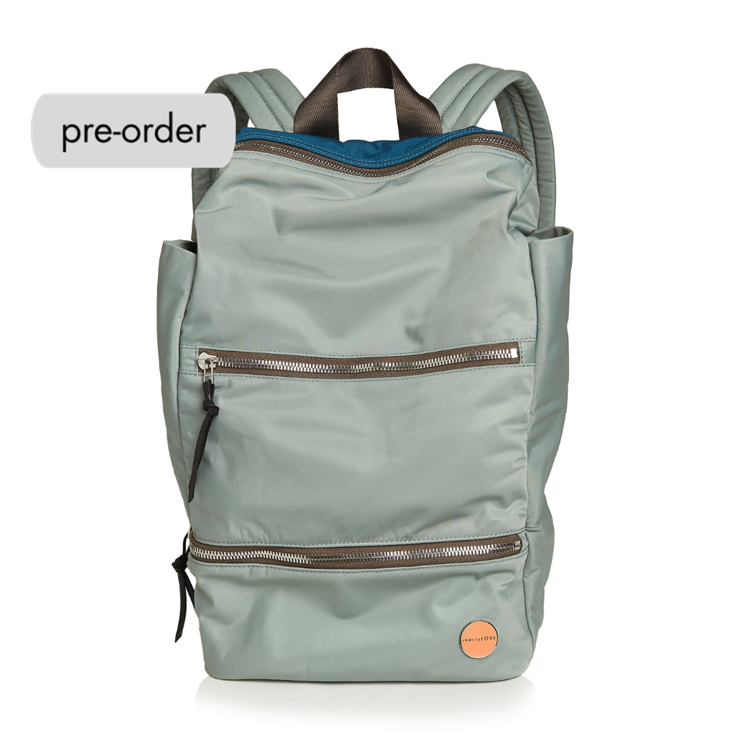 shortyLOVE boxer backpack in slate/teal; front view against white background.