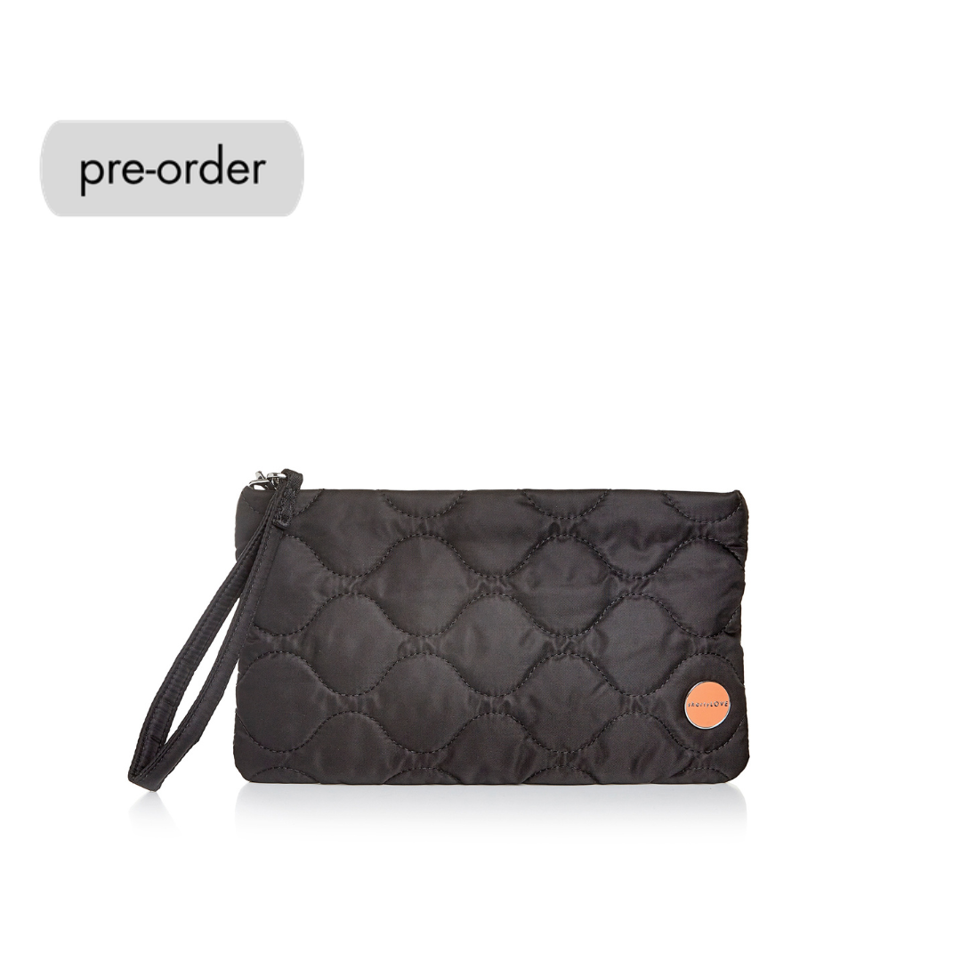 shortyLOVE cleo wristlet clutch in black; front view against white background.