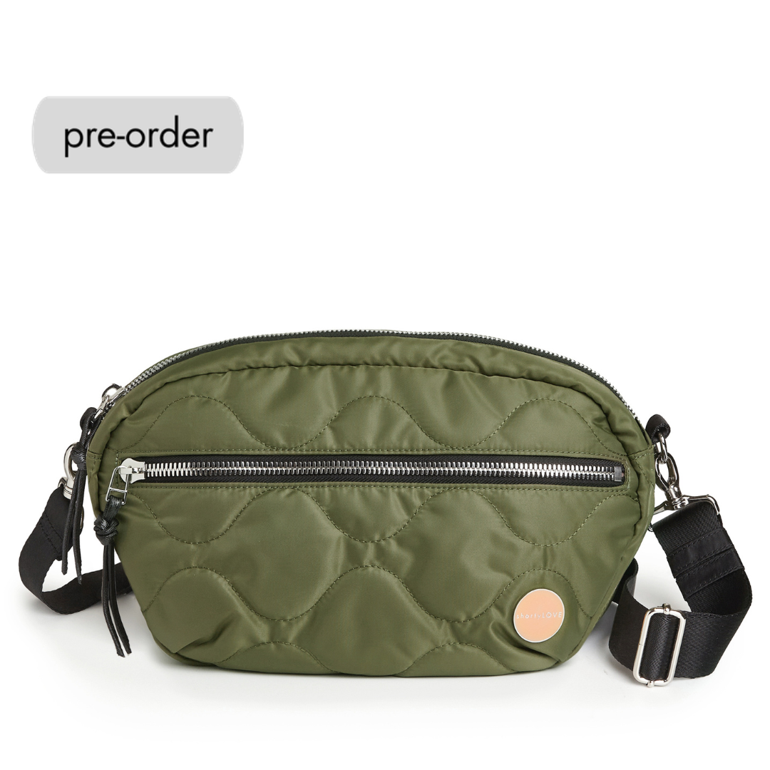 shortyLOVE cruiser medium crossbody bag in sage; front view against white background.
