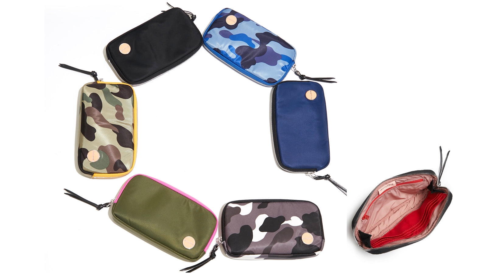 Clutch wallets clutch bags arranged in a circle.