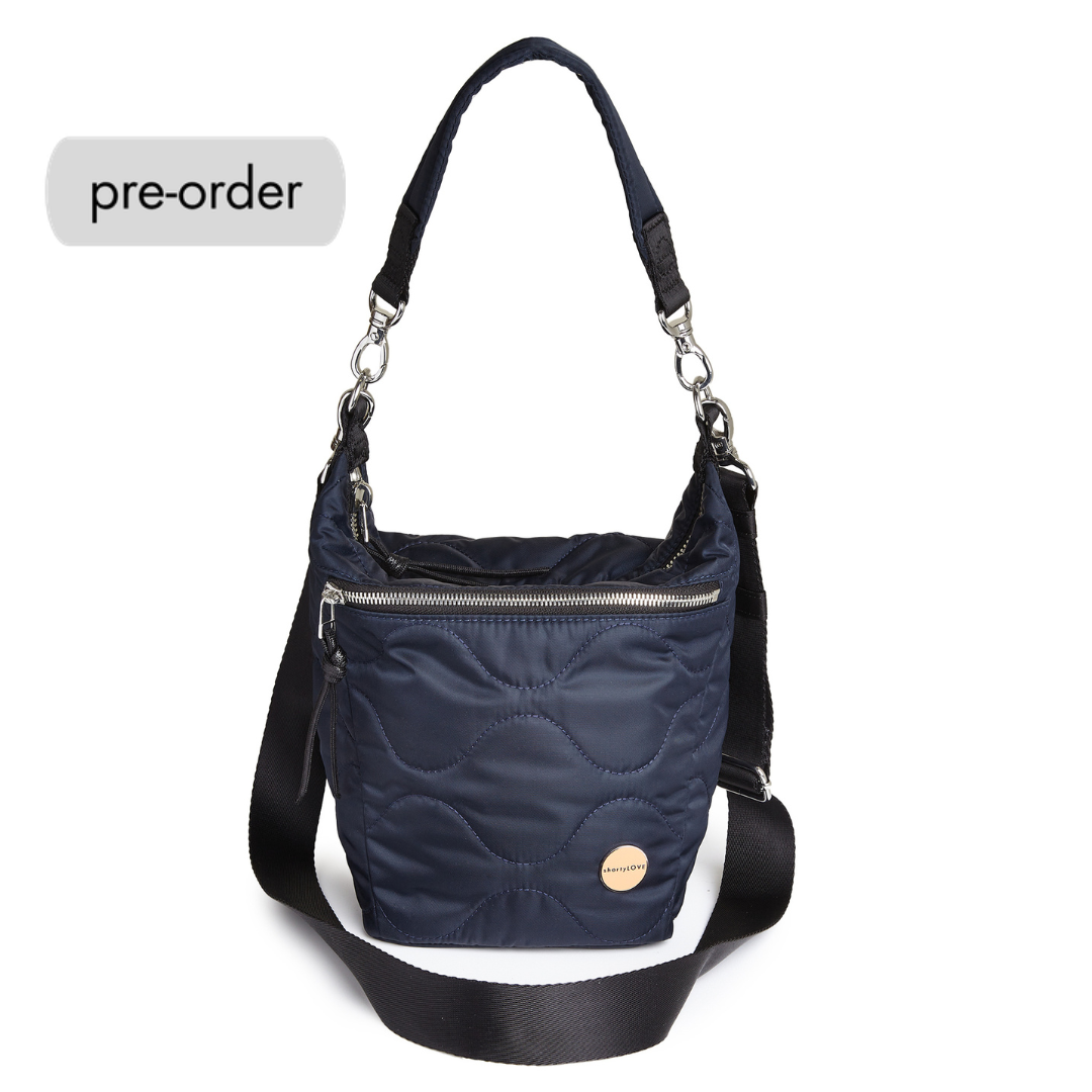 shortyLOVE marcel crossbody bucket bag in midnight; front view against white background.