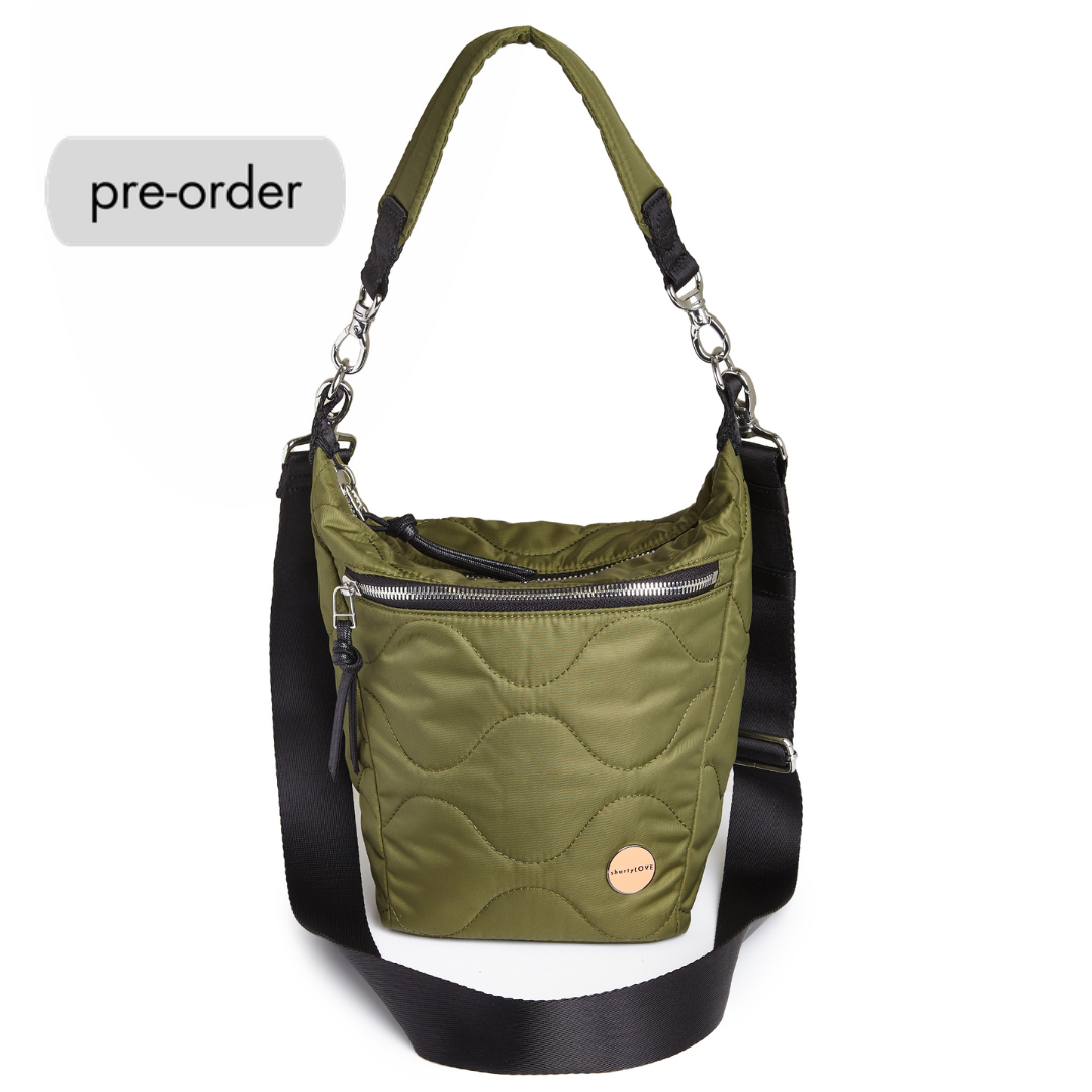 shortyLOVE marcel crossbody bucket bag in sage; front view against white background.
