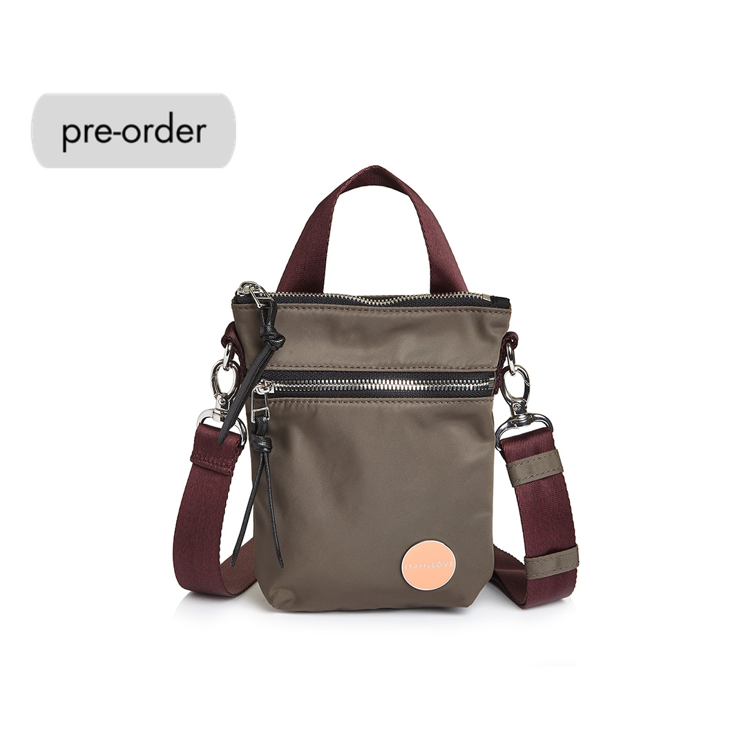shortyLOVE shorthand small crossbody bag in mocha; front view against white background.