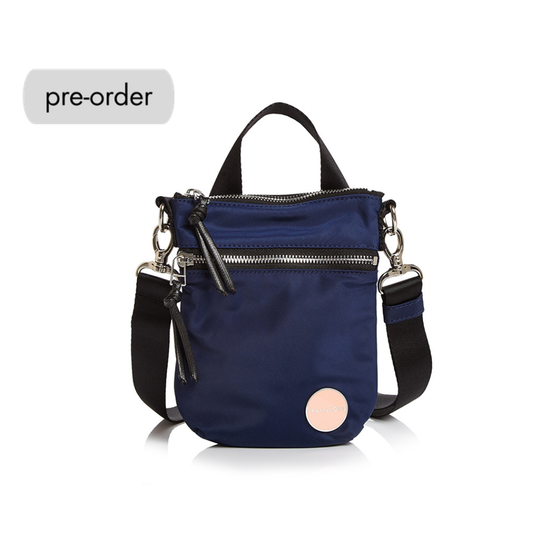 shortyLOVE shorthand crossbody phone bag in navy; front view against white background.