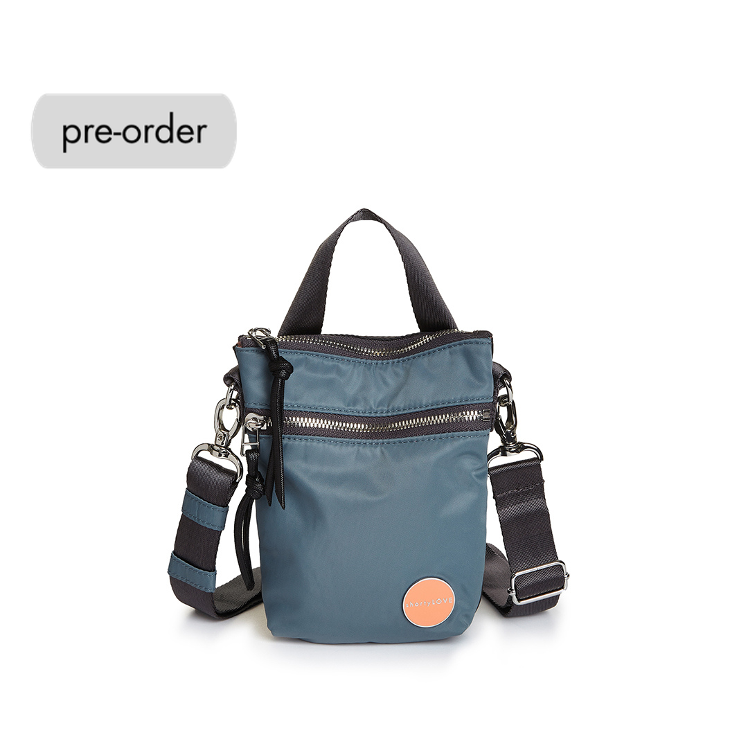 shortyLOVE shorthand small crossbody bag in steel blue/charcoal; front view against white background.