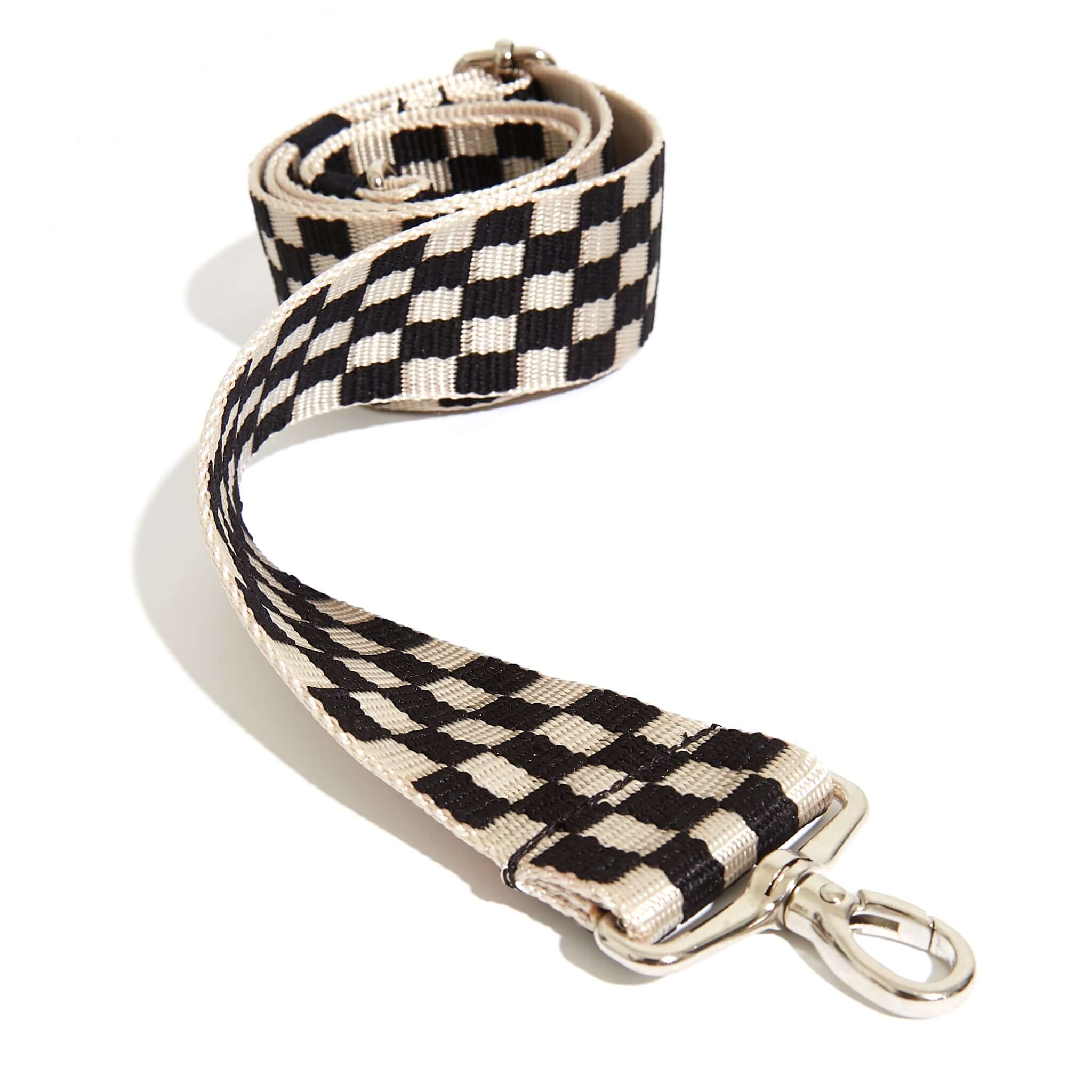 shortyLOVE boardwalk strap in black/white checker; front view against white background