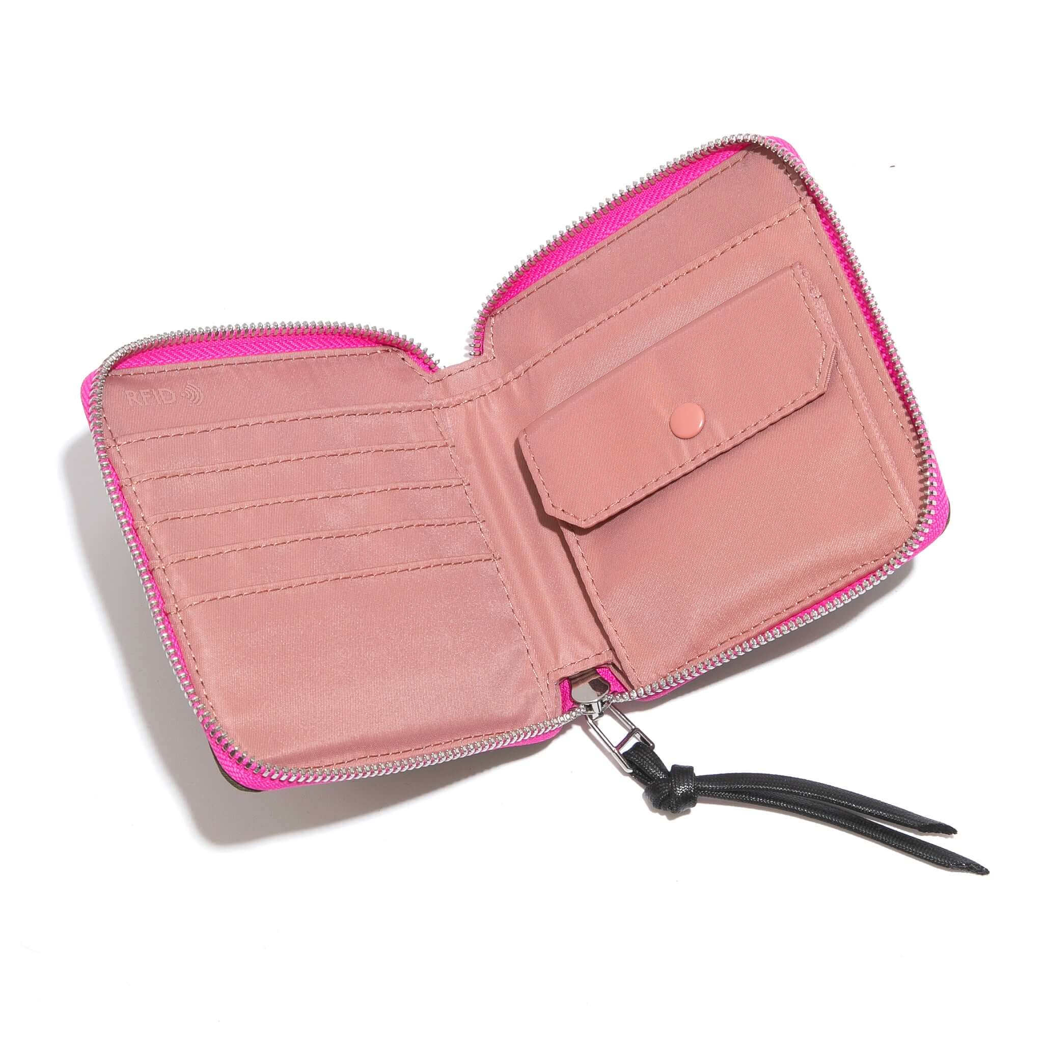 shortyLOVE merchant small wallet in army green; top-down view showing interior pink lining against white background.