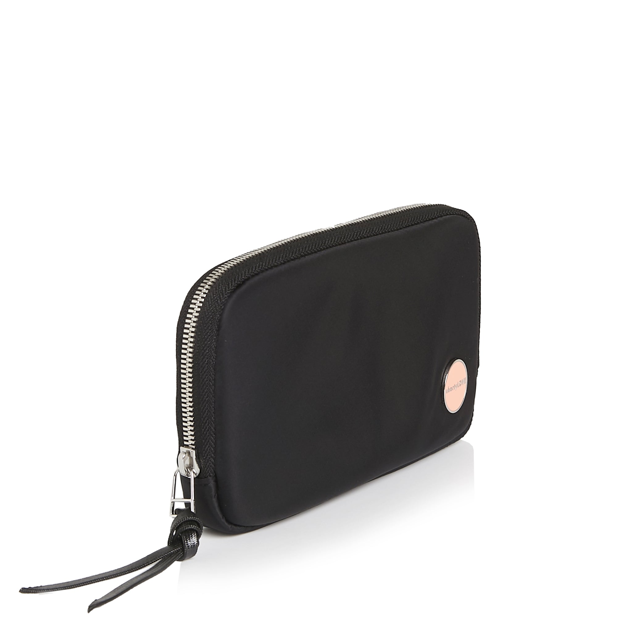 shortyLOVE jetty clutch/wallet in black; side angle view against white background.