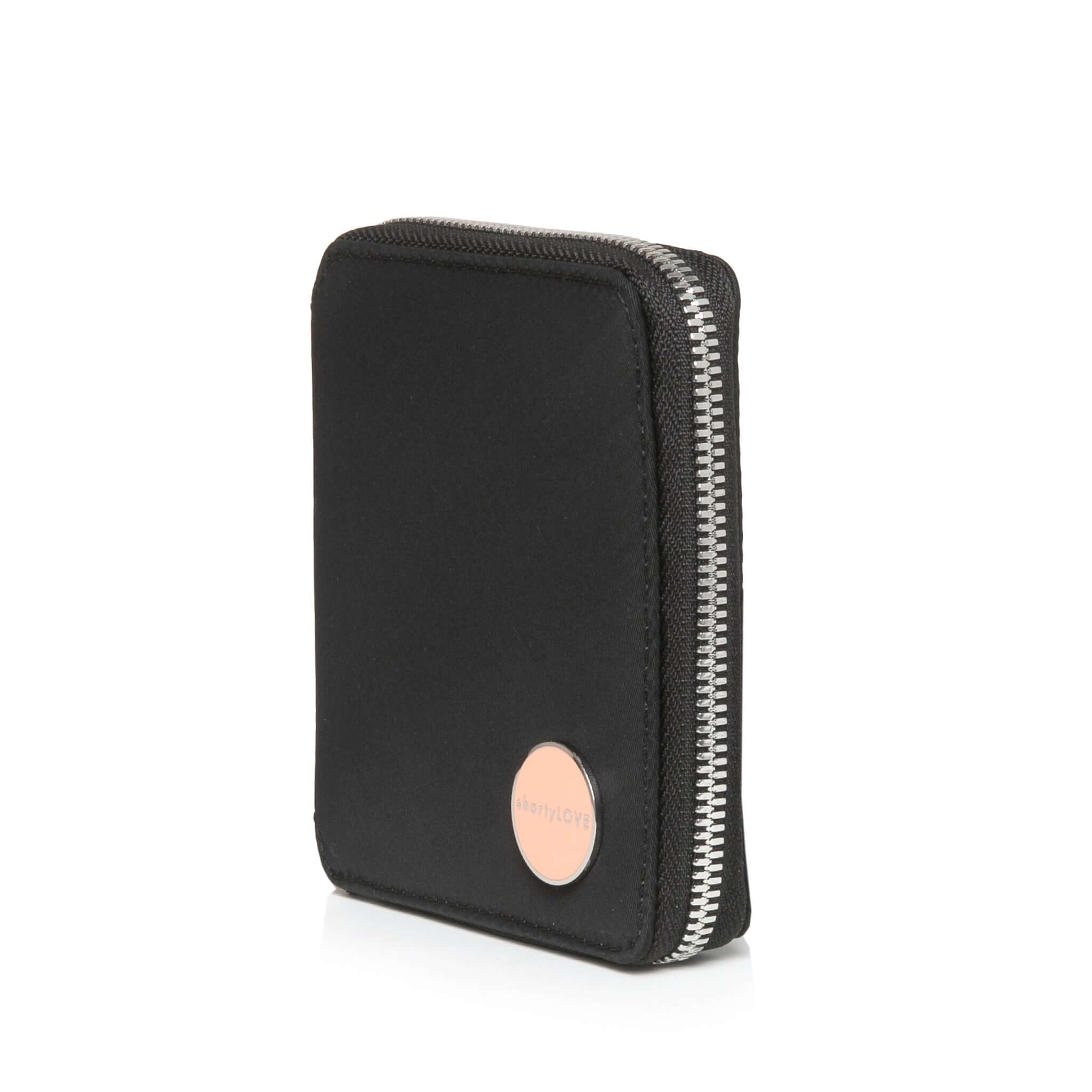shortyLOVE merchant small wallet in black; side angle view against white background.