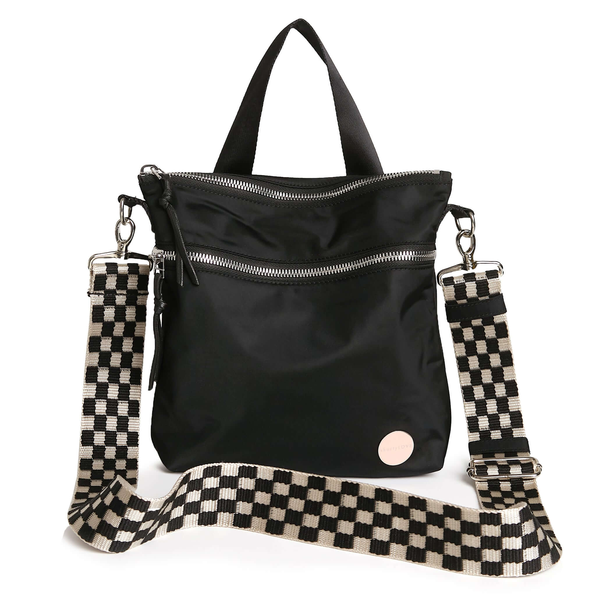 shortyLOVE boardwalk strap in black/white checker; shown with amuse bag in black.